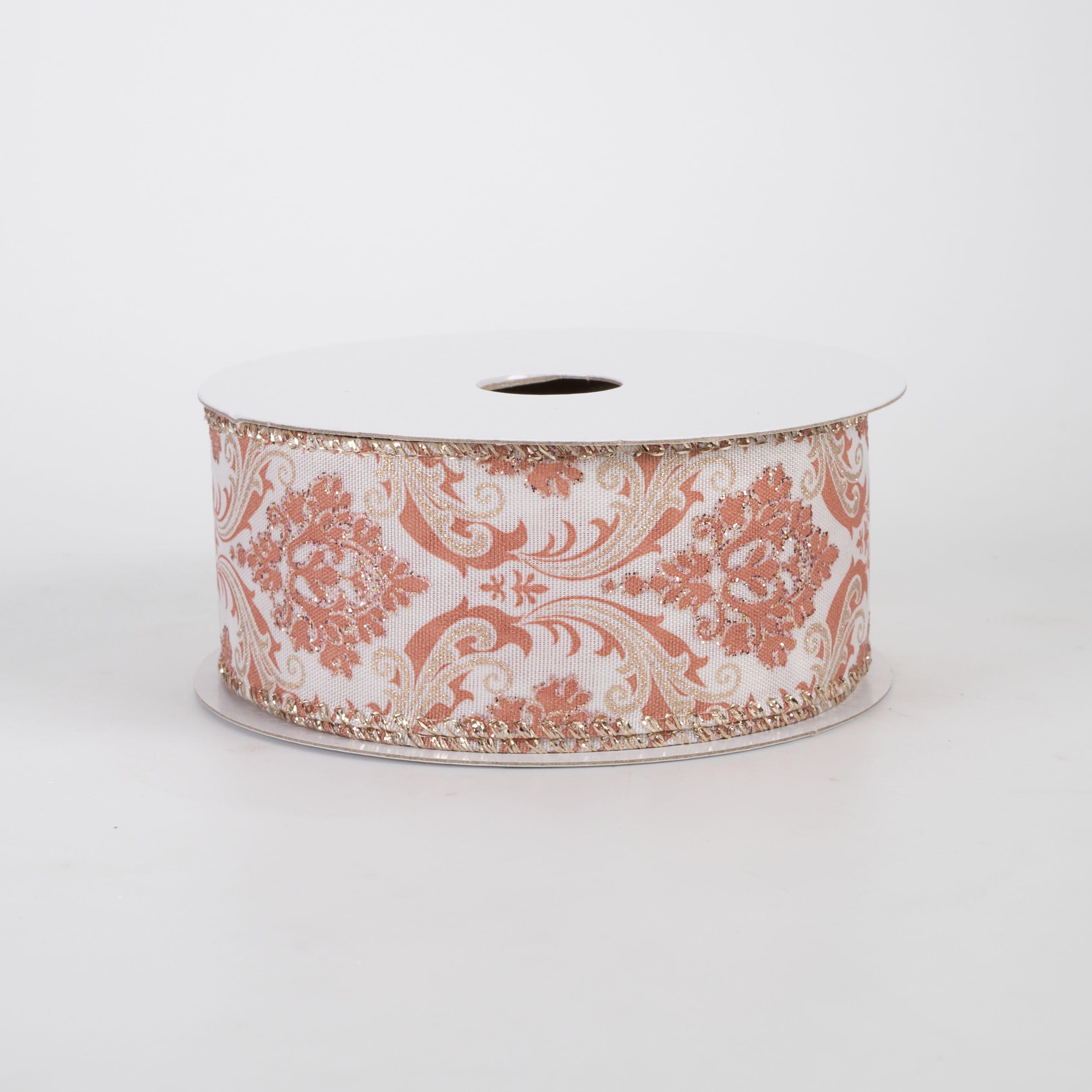 1.5" Glittered Damask Satin Ribbon: Mauve & Champagne on Cream (10 Yards)