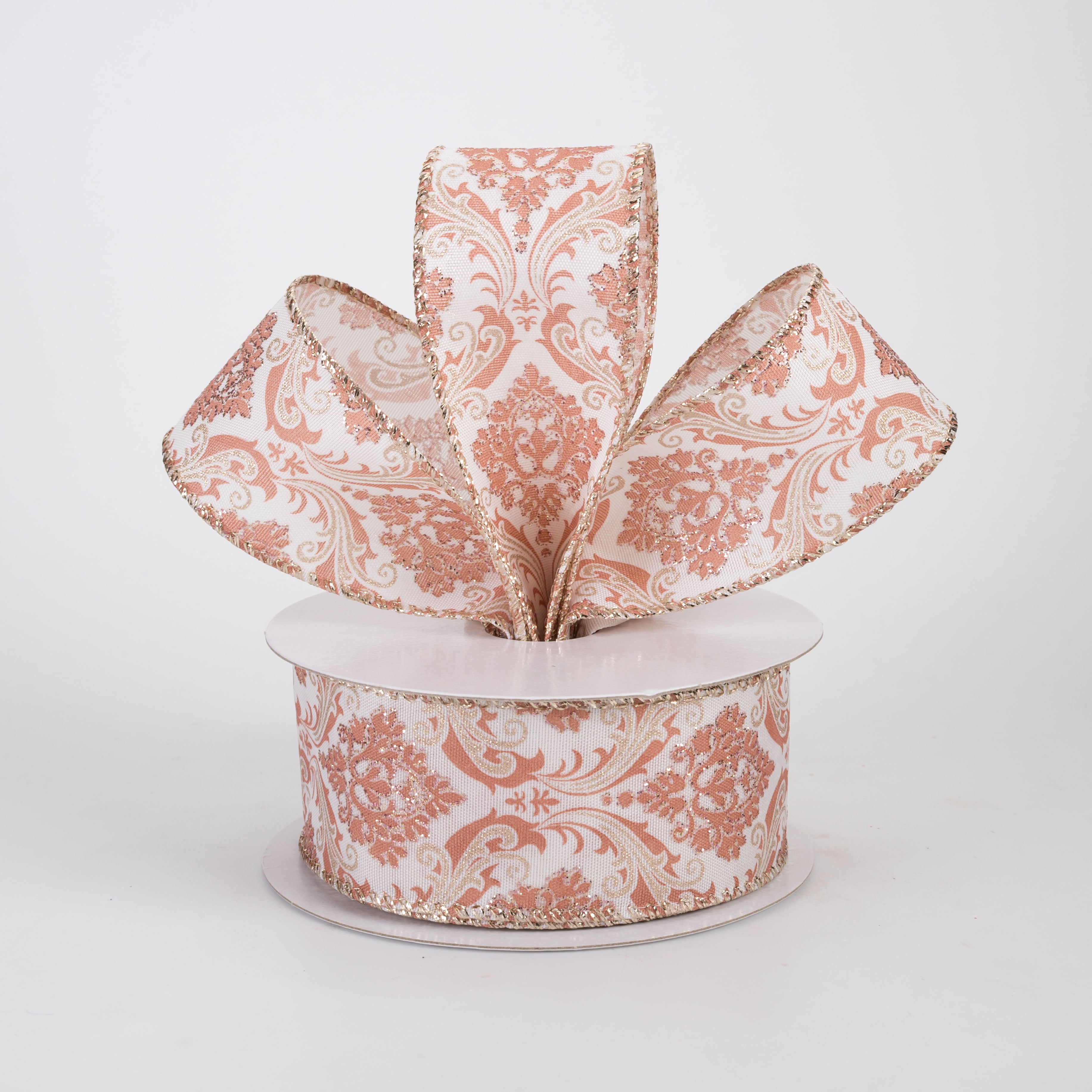 1.5" Glittered Damask Satin Ribbon: Mauve & Champagne on Cream (10 Yards)