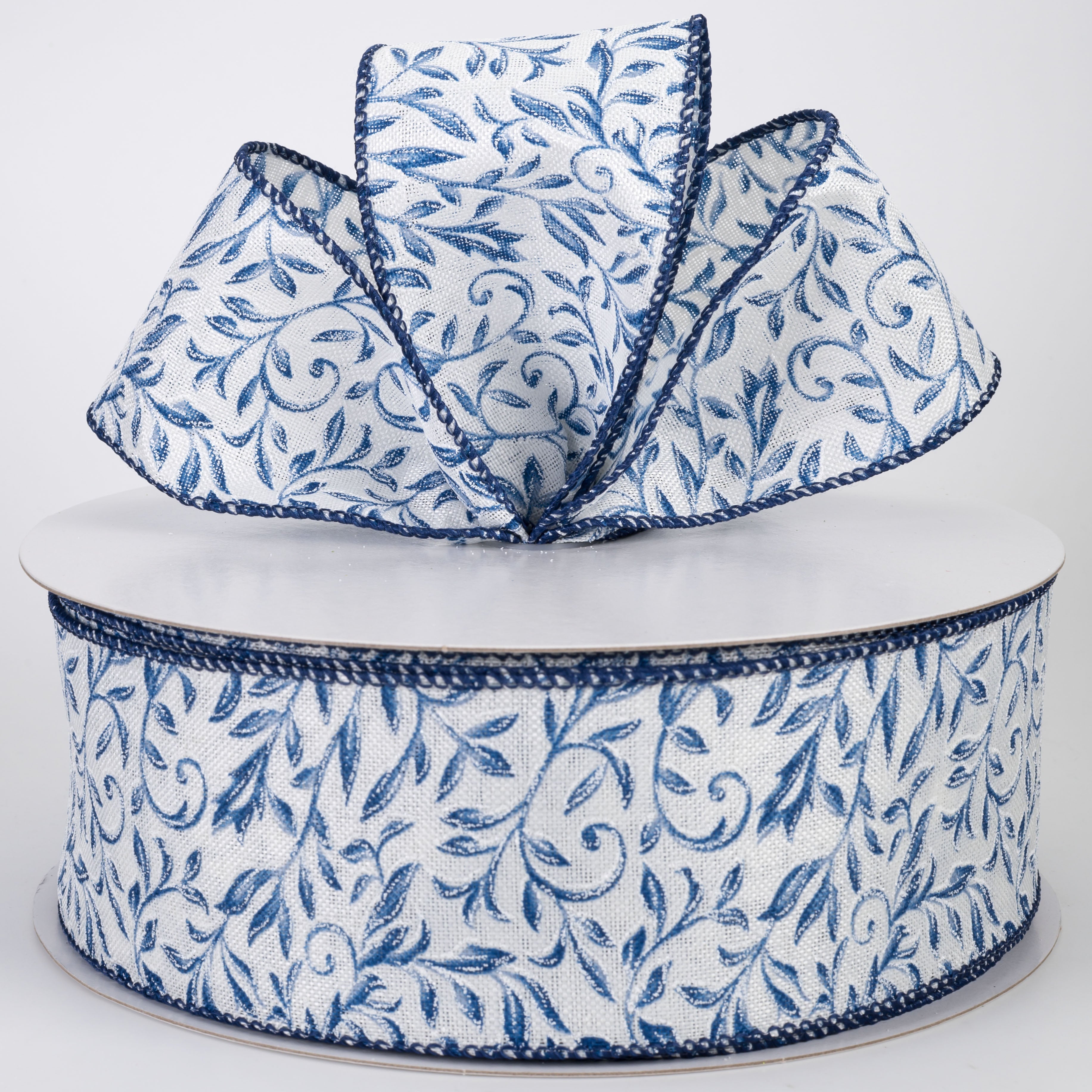 2.5" Linen Glittered Foliage Swirls Ribbon: Blue on Ivory (50 Yards)