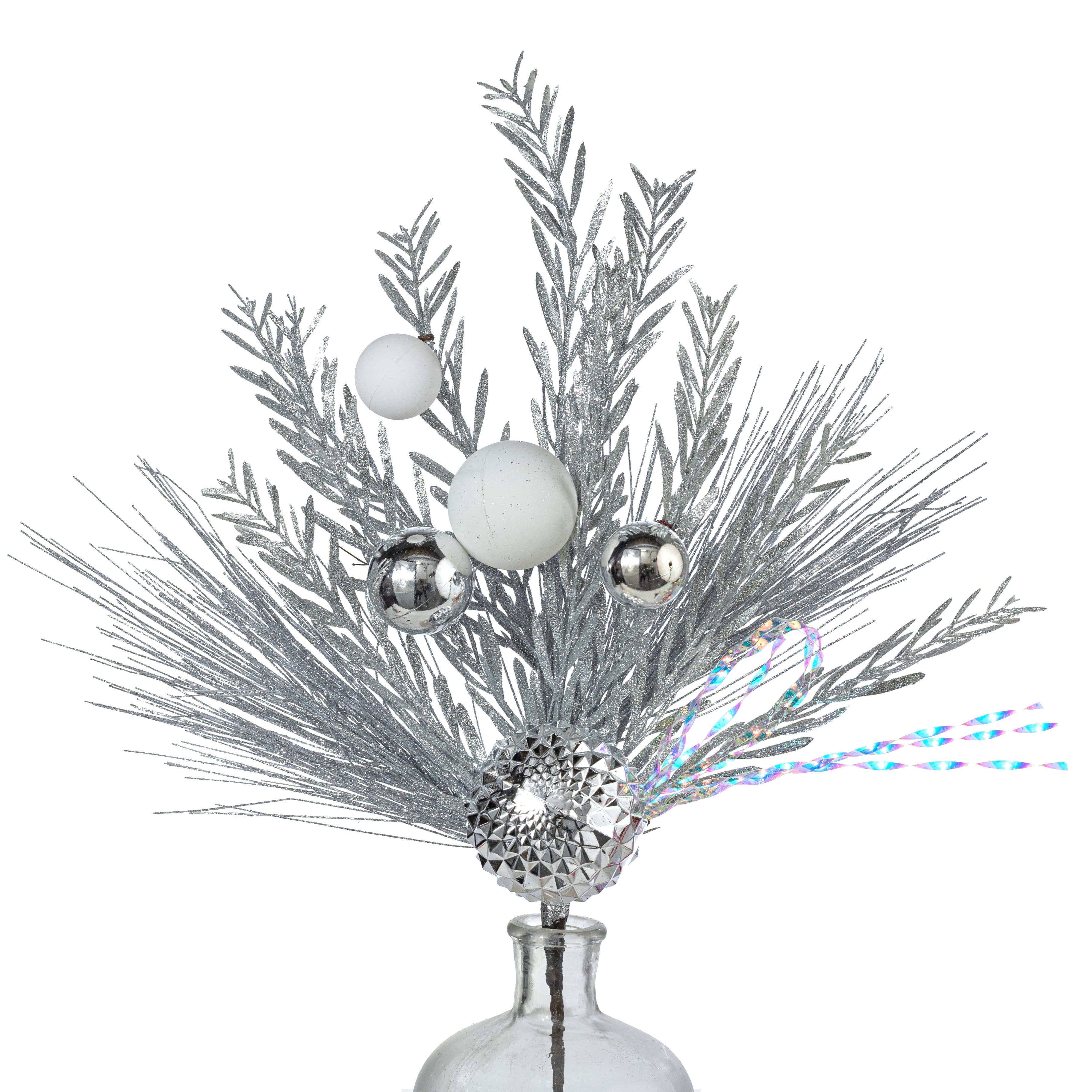 24" Mixed Needle Pine & Metallic Ball Spray: Silver & White