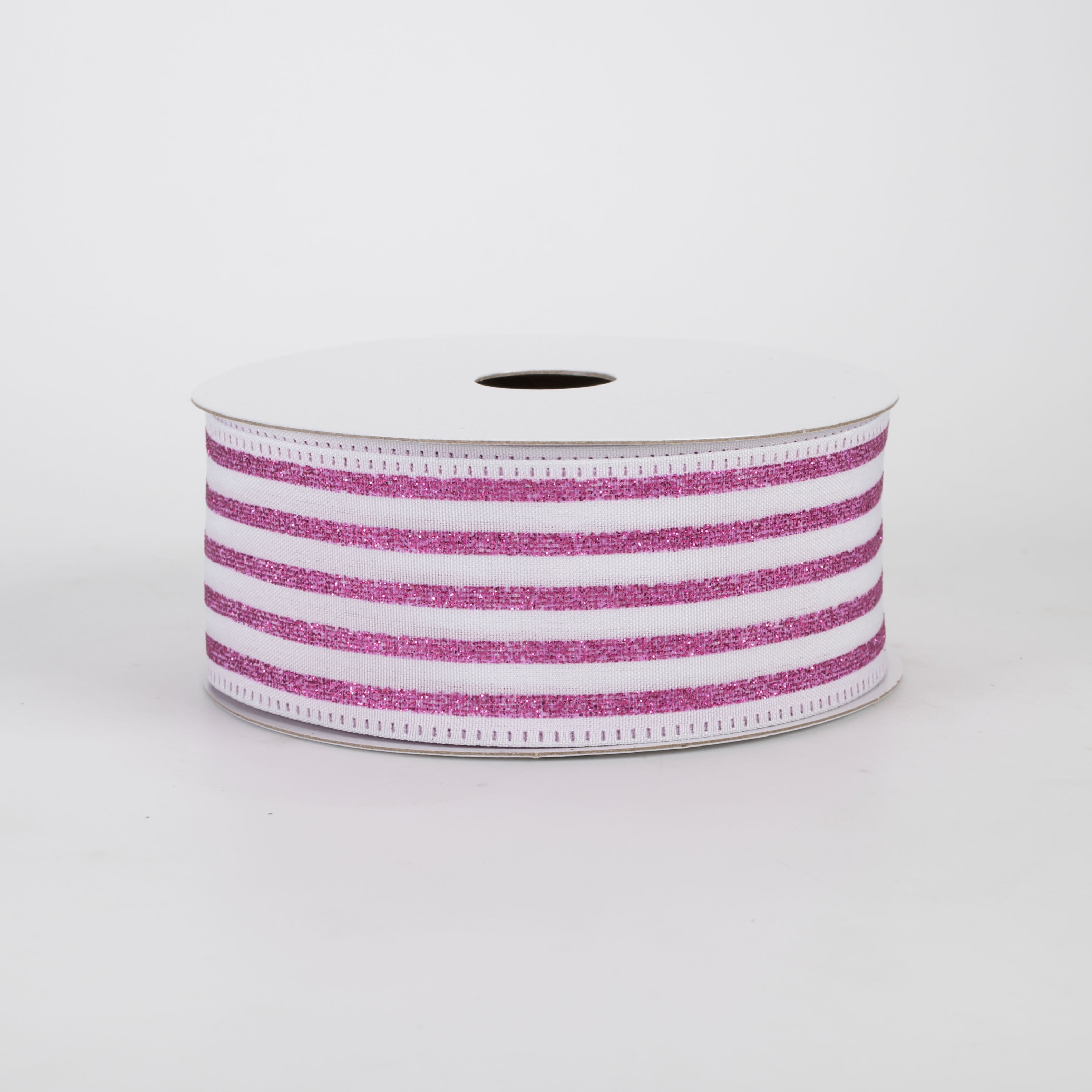 1.5" Glitter Cabana Stripe Ribbon: Fuchsia Pink on White (10 Yards)