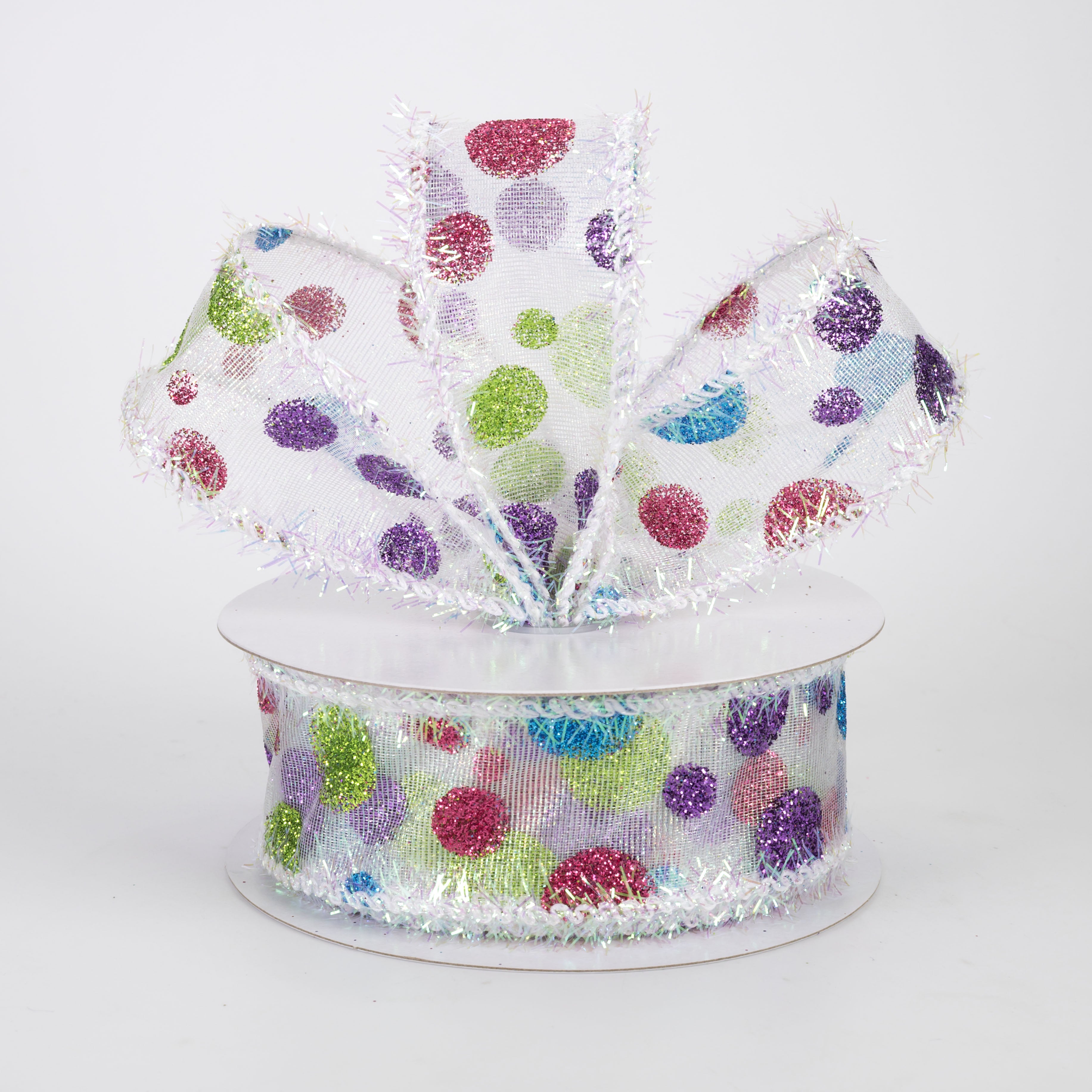 1.5" Iridescent Sheer Glittered Polka Dots Ribbon: Bright Multicolor (10 Yards)