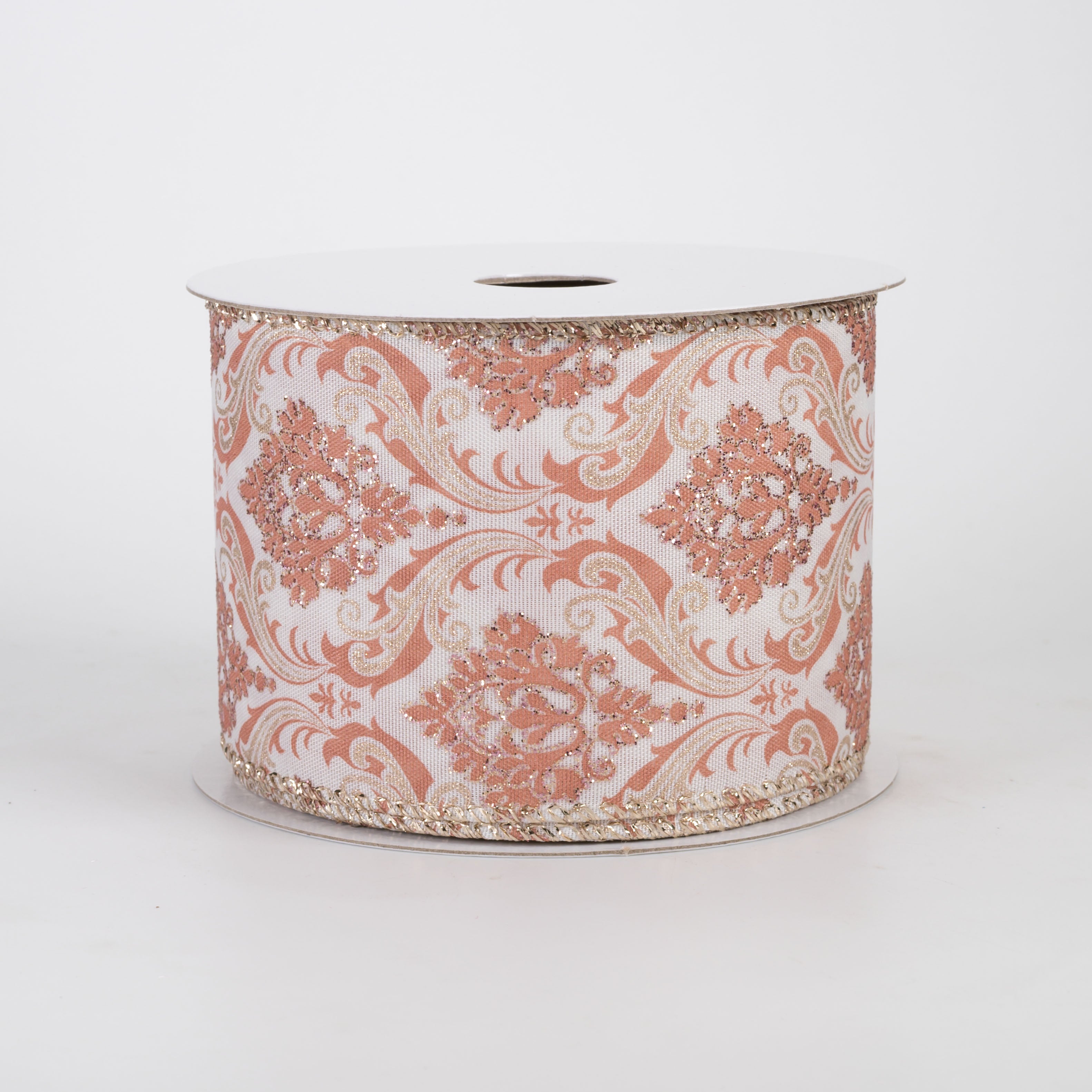 2.5" Glittered Damask Satin Ribbon: Mauve & Champagne on Cream (10 Yards)