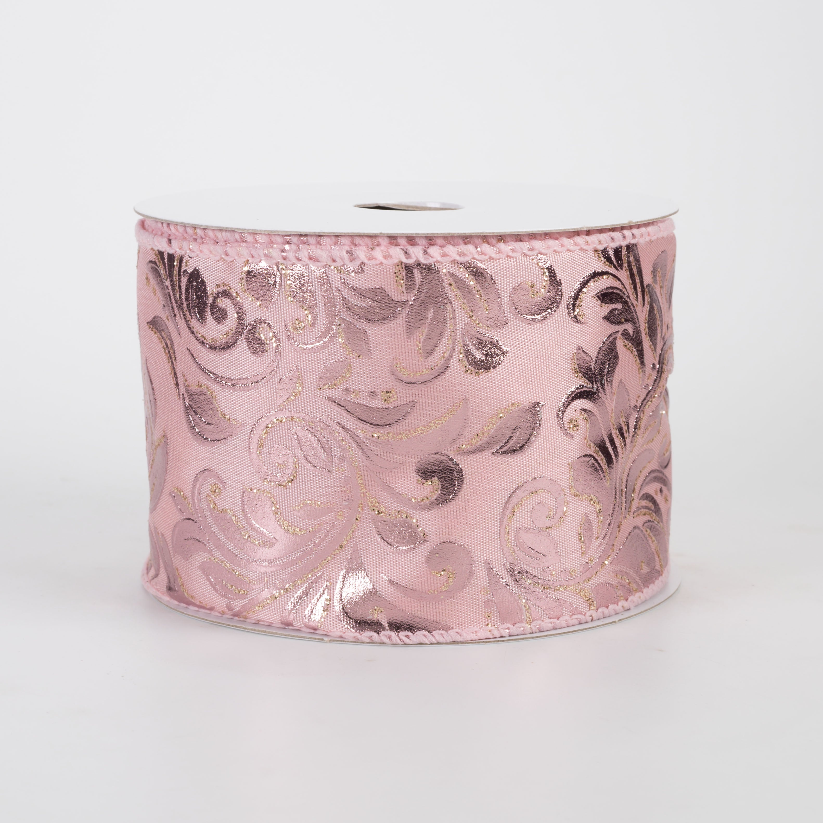 2.5" Floral Swirls Embossed Satin Ribbon: Rose on Pink (10 Yards)