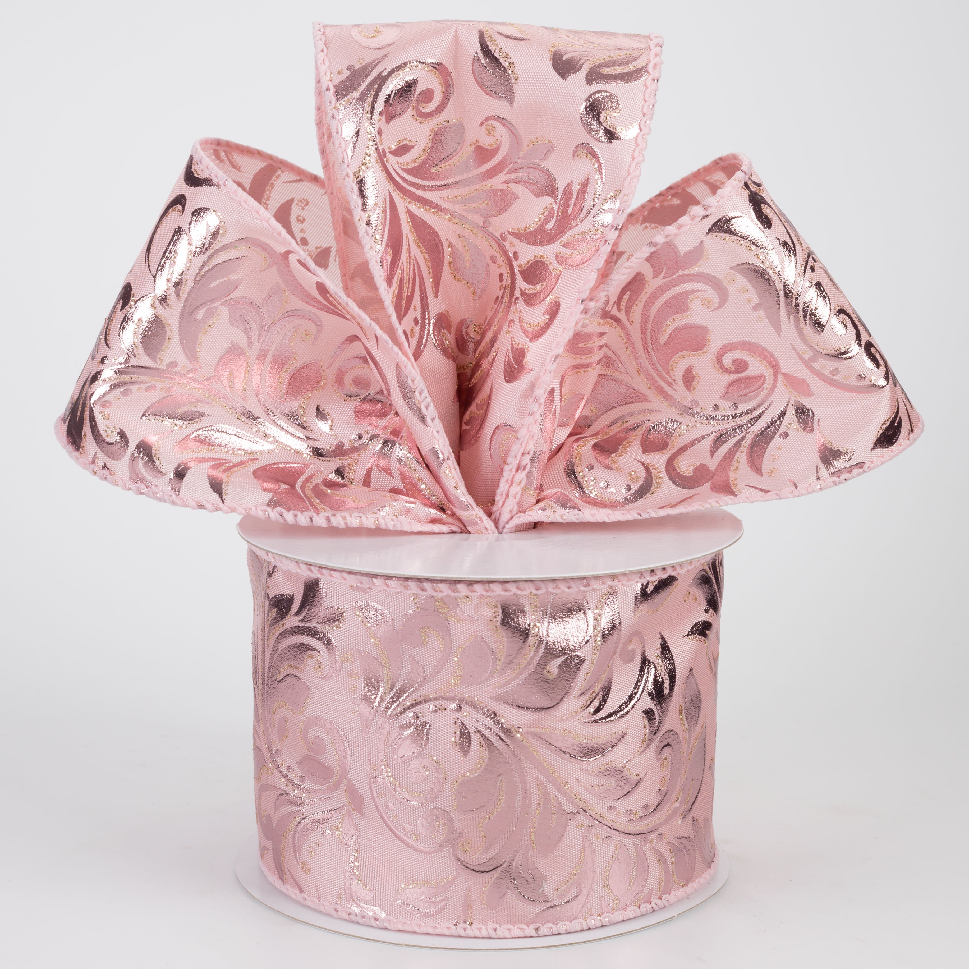 2.5" Floral Swirls Embossed Satin Ribbon: Rose on Pink (10 Yards)