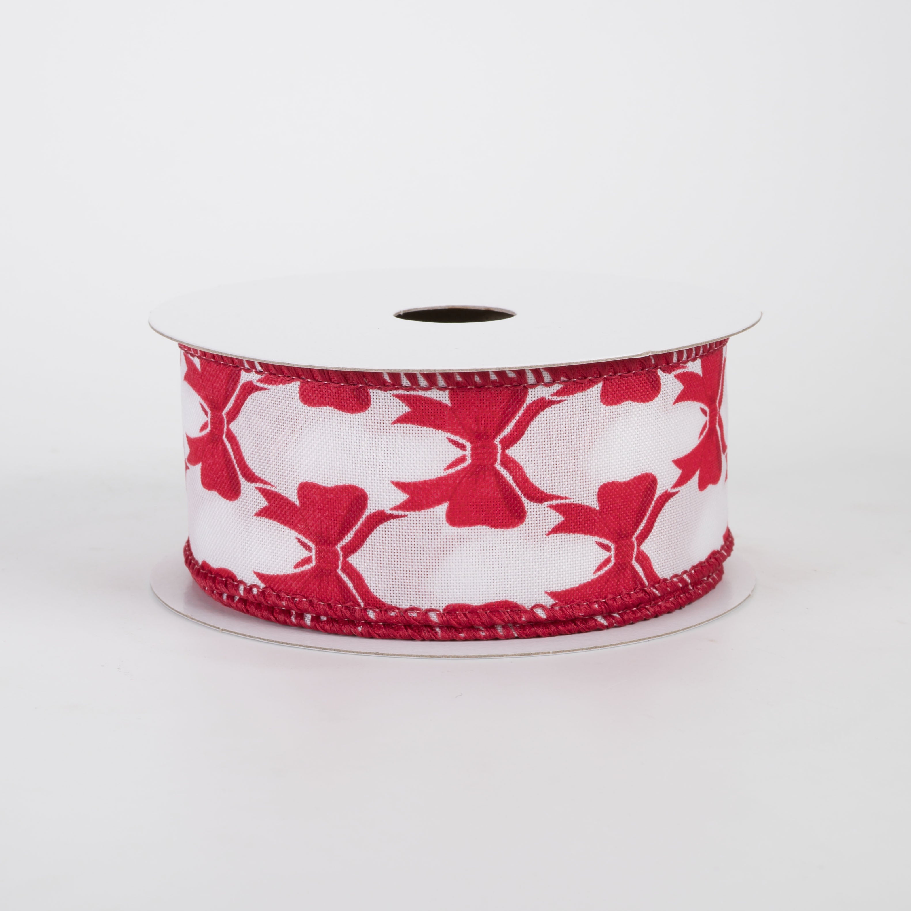 1.5" Patterned Bows Satin Ribbon: Red on White (10 Yards)