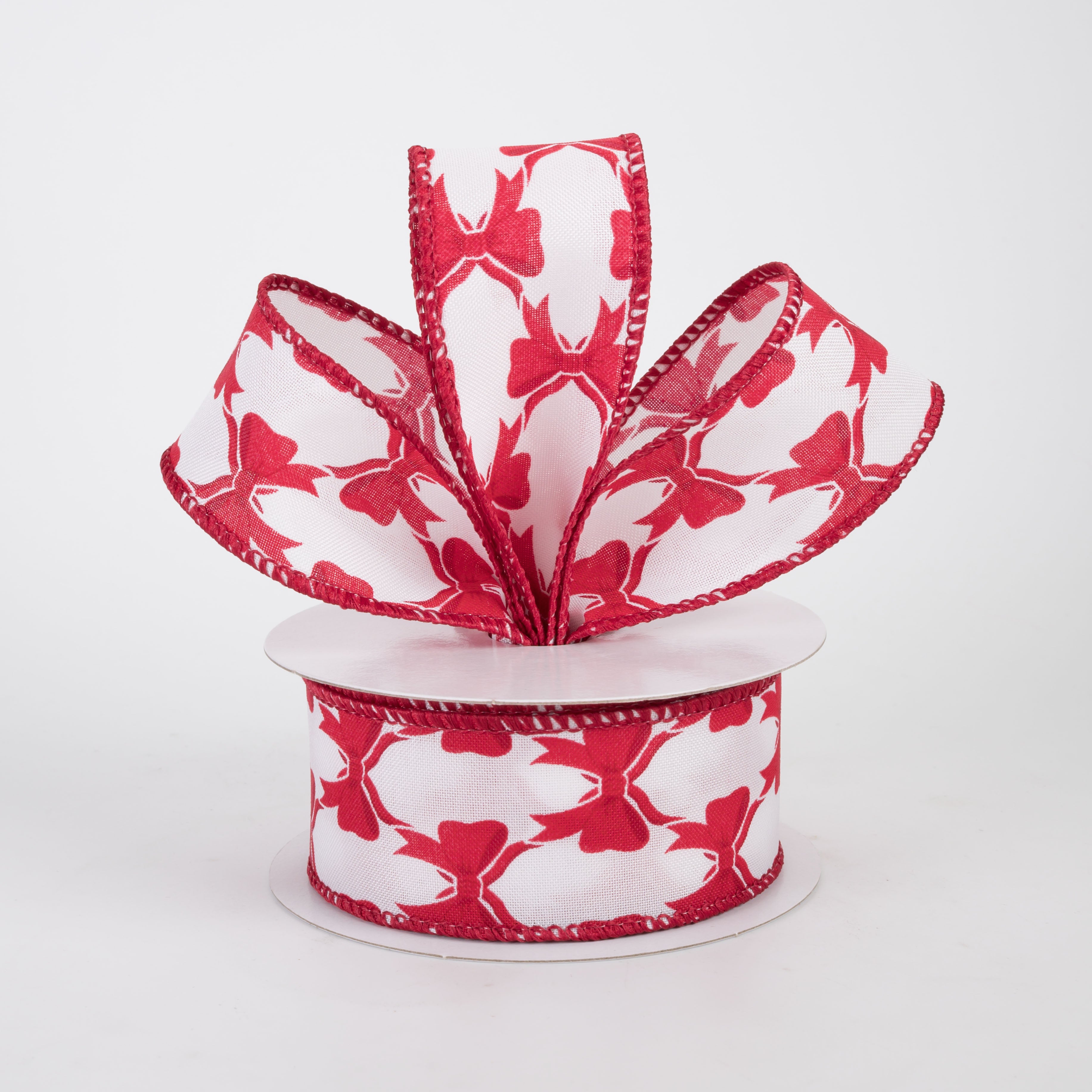 1.5" Patterned Bows Satin Ribbon: Red on White (10 Yards)
