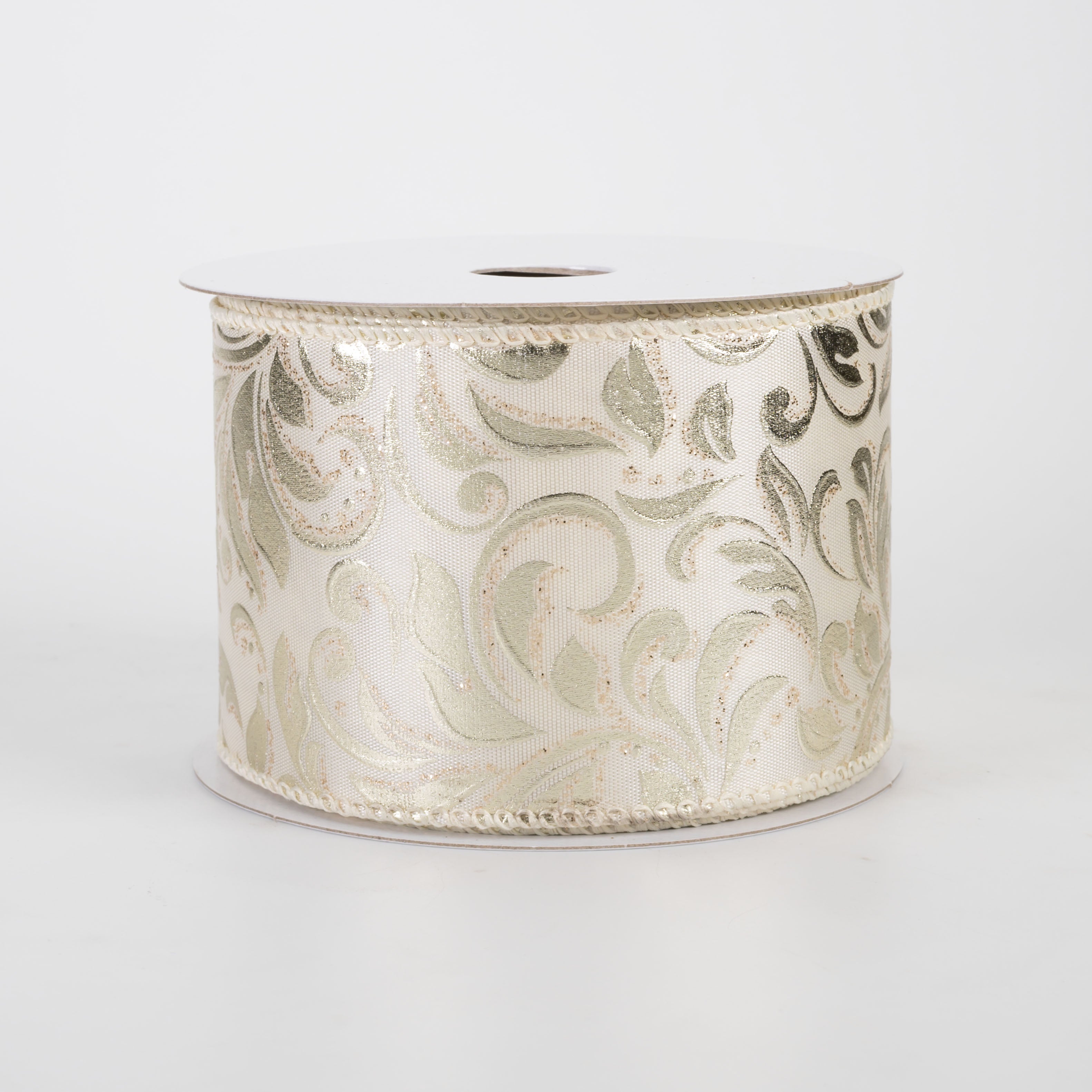2.5" Floral Swirls Embossed Satin Ribbon: Champagne Gold on Cream (10 Yards)