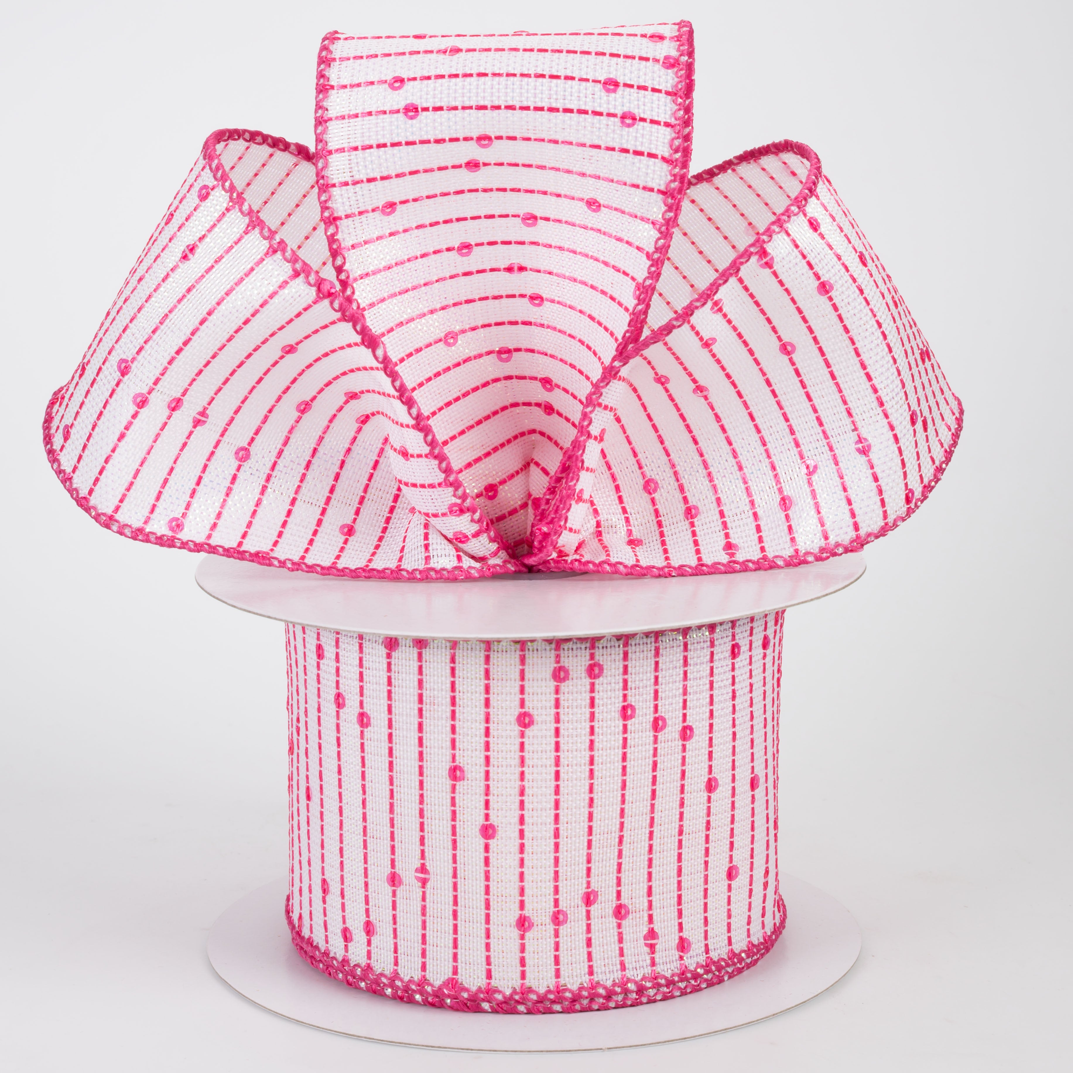 2.5" Woven Sequined Stripes Ribbon: Iridescent, White & Fuchsia Pink (10 Yards)