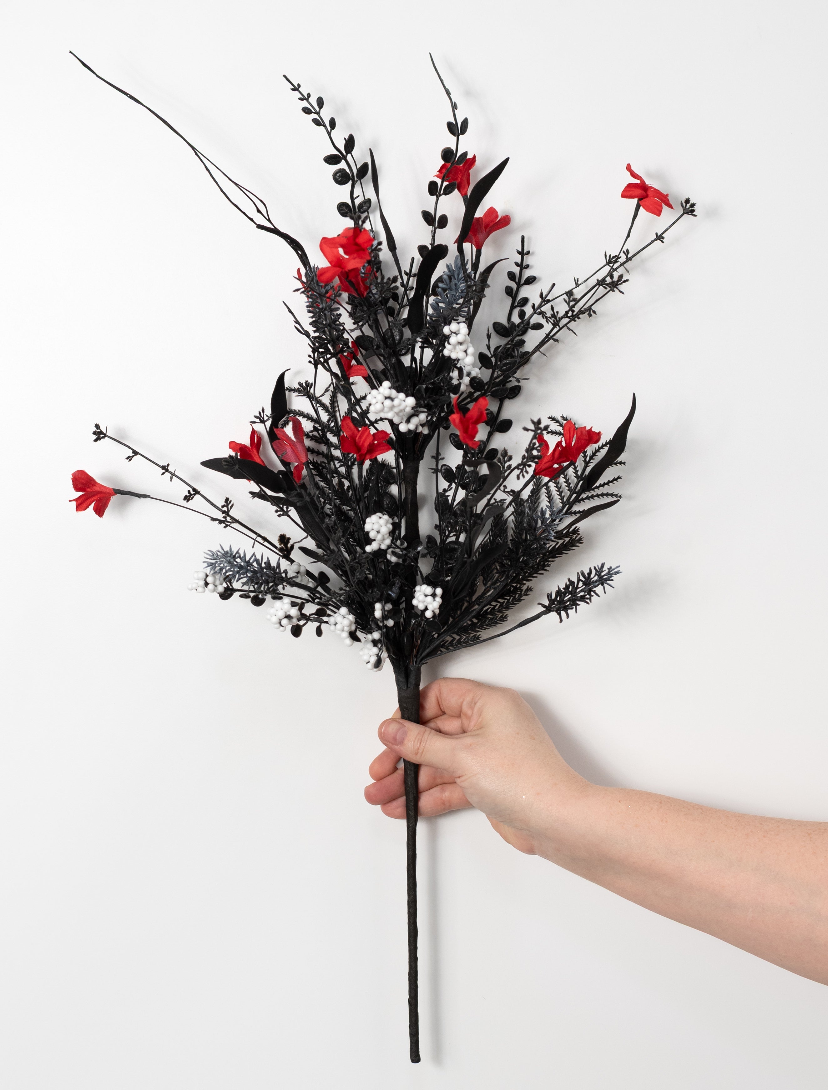 24" Fabric Flower, Leaf, Berry Spray: Red, White & Black