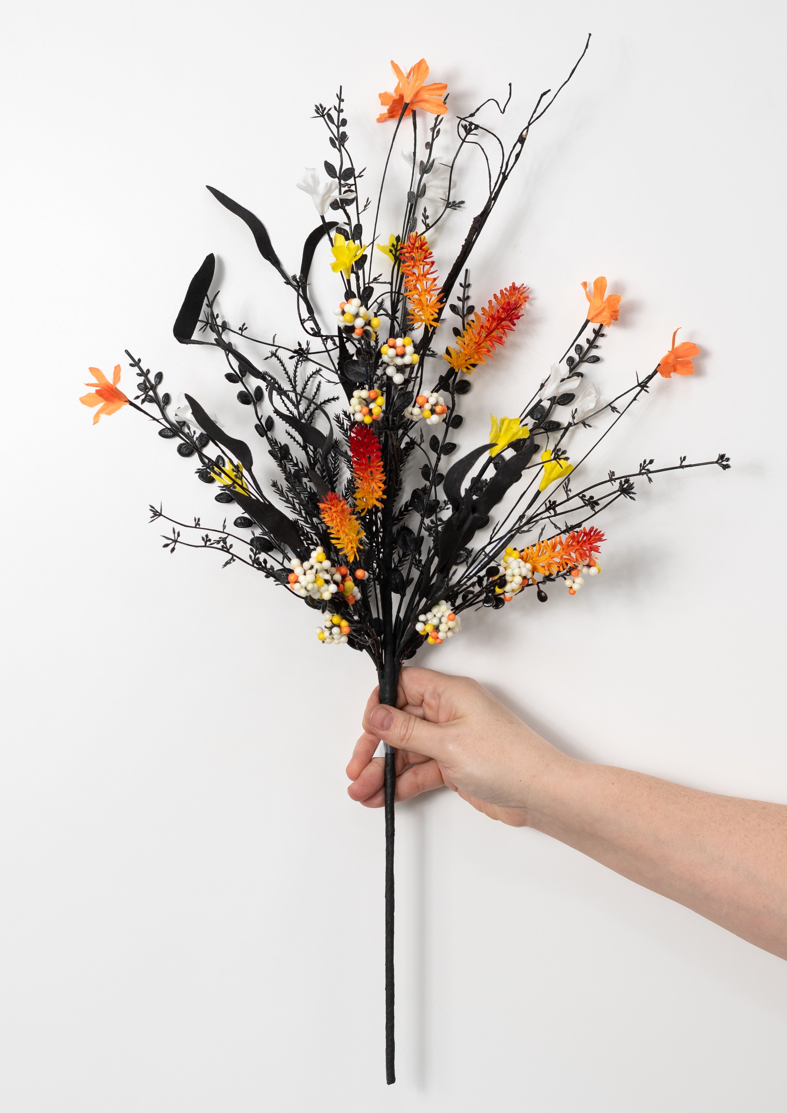 24" Fabric Flower, Leaf, Berry Spray: Candy Corn Hues