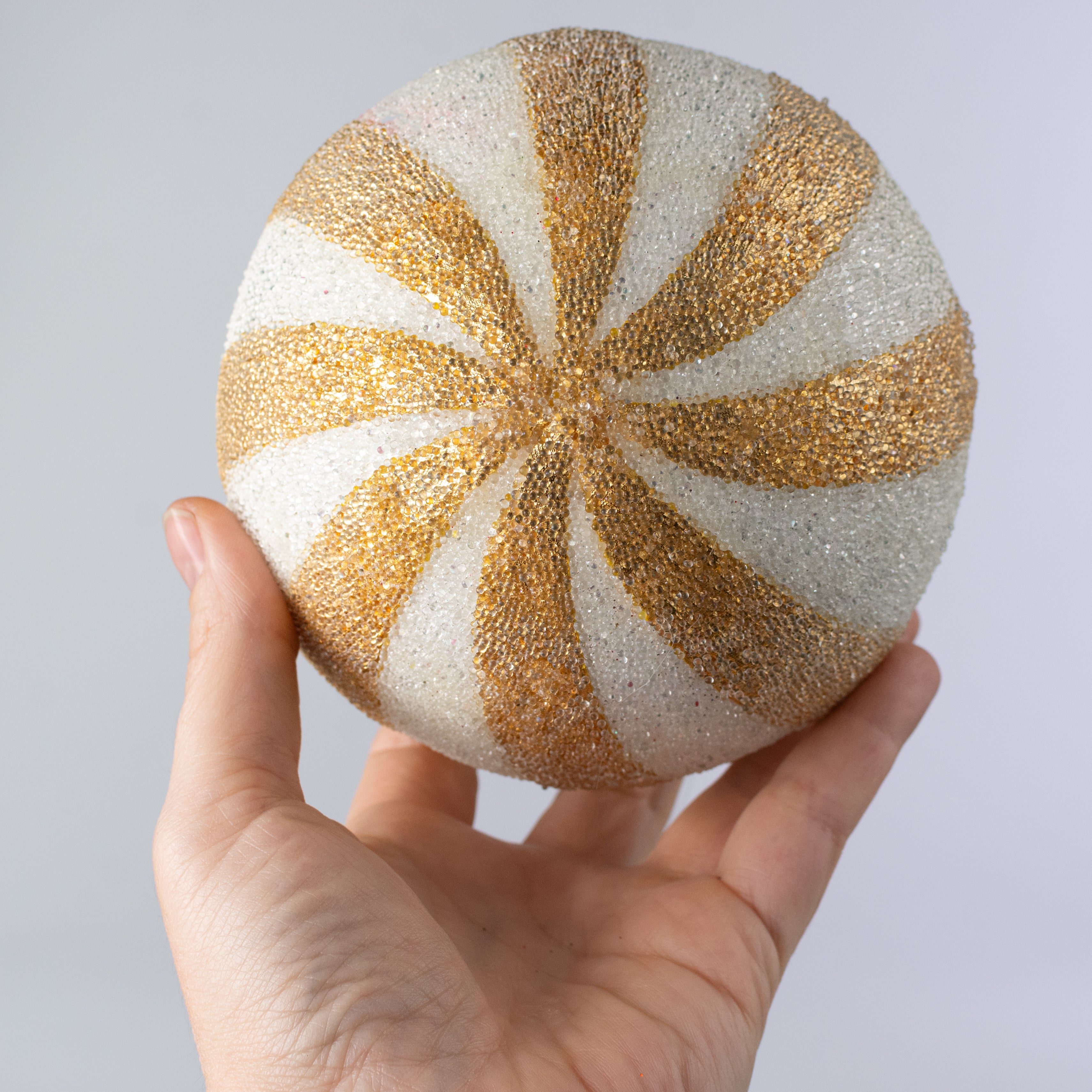 4.5" Micro-bead Spiral Ball Ornament: Gold & White