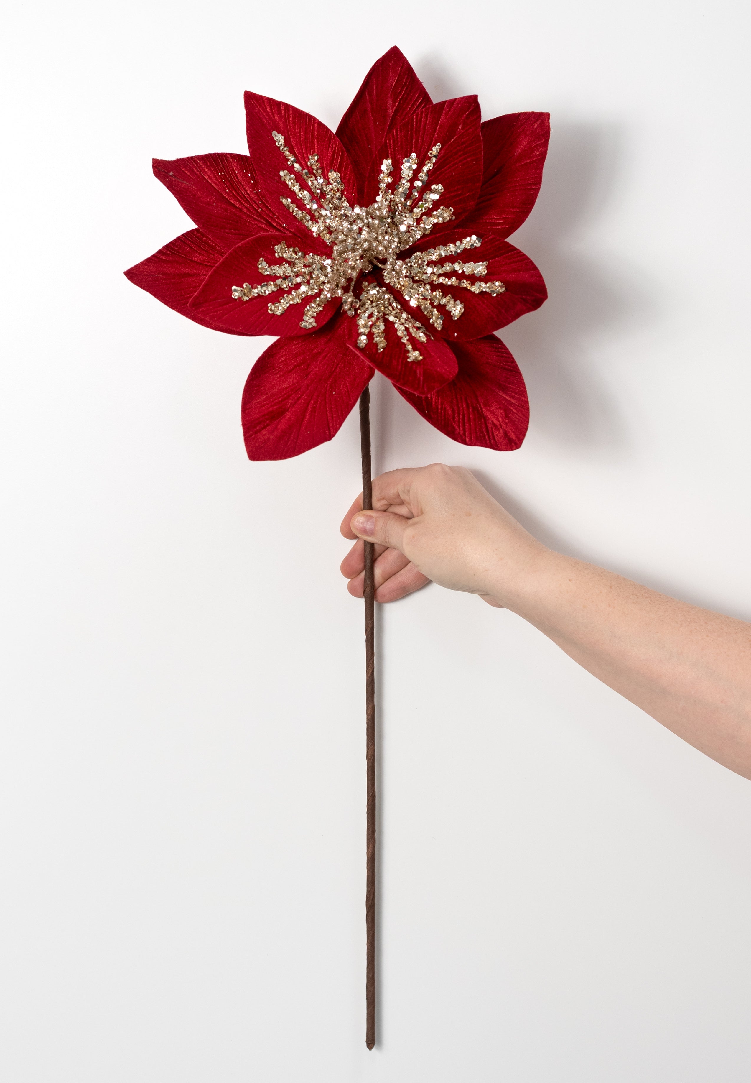 11" x 22" Sequined Velvet Poinsettia Stem: Red & Champagne