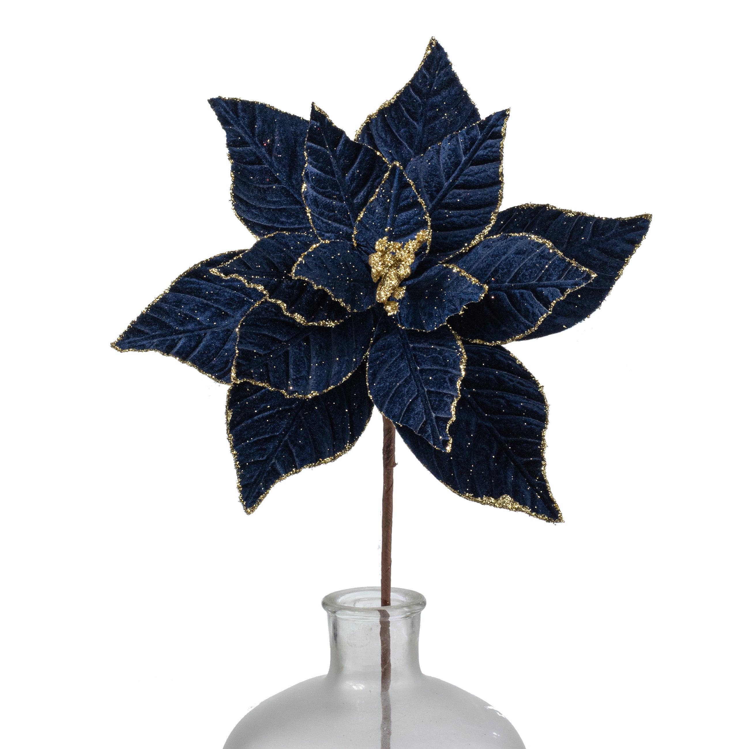 11.5" x 25" Glittered Velvet Poinsettia Stem: Navy Blue & Gold