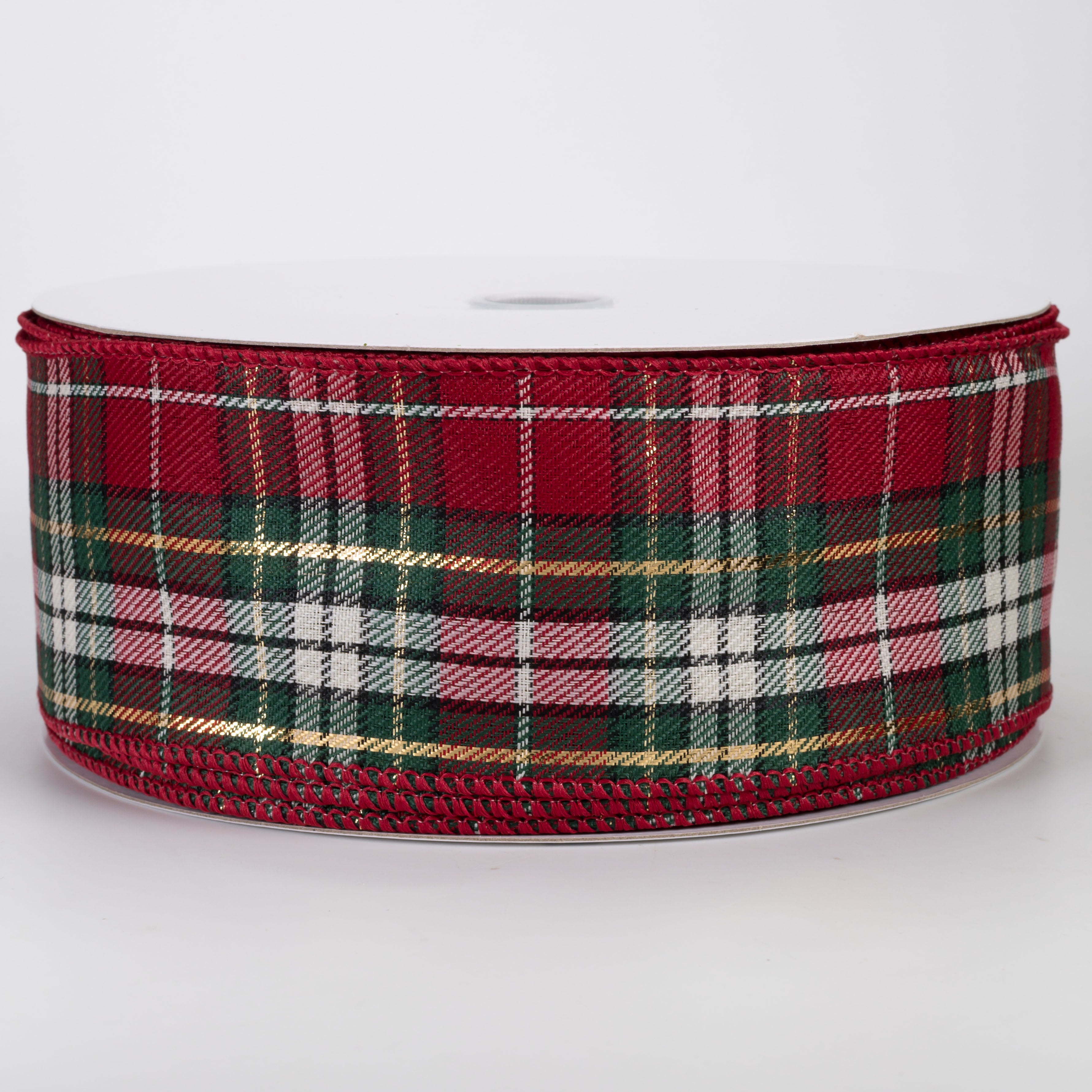 2.5" Woven Pippa Christmas Plaid Ribbon: Hunter, Red & Metallic Gold (50 Yards)