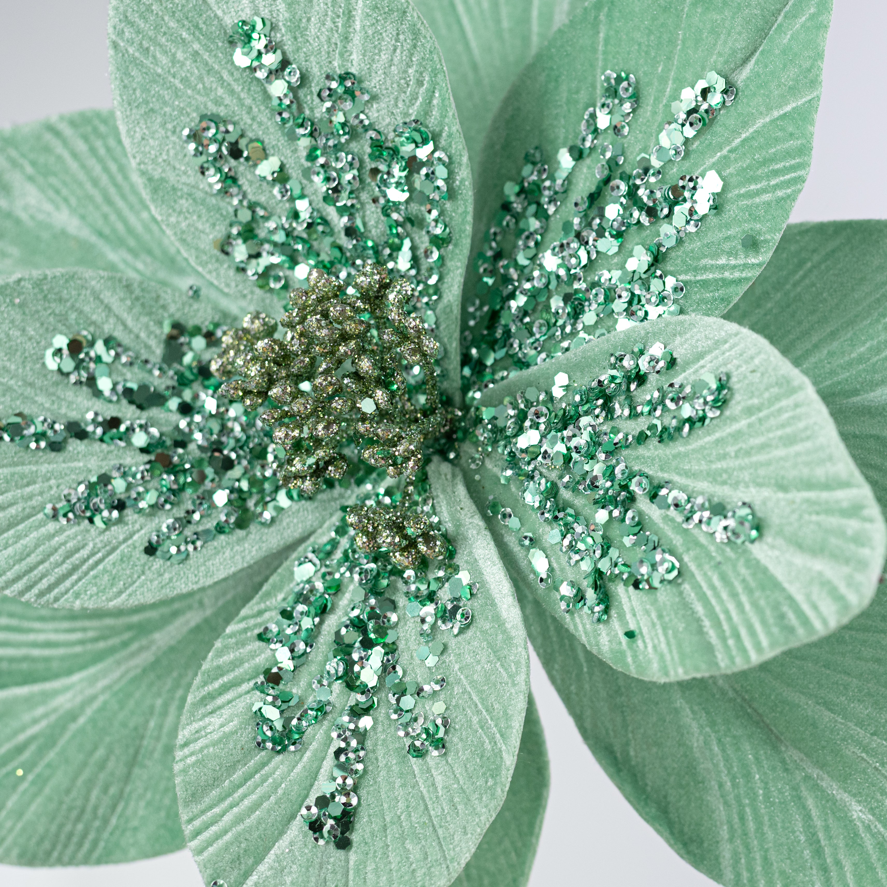 11" x 22" Sequined Velvet Poinsettia Stem: Mint Green