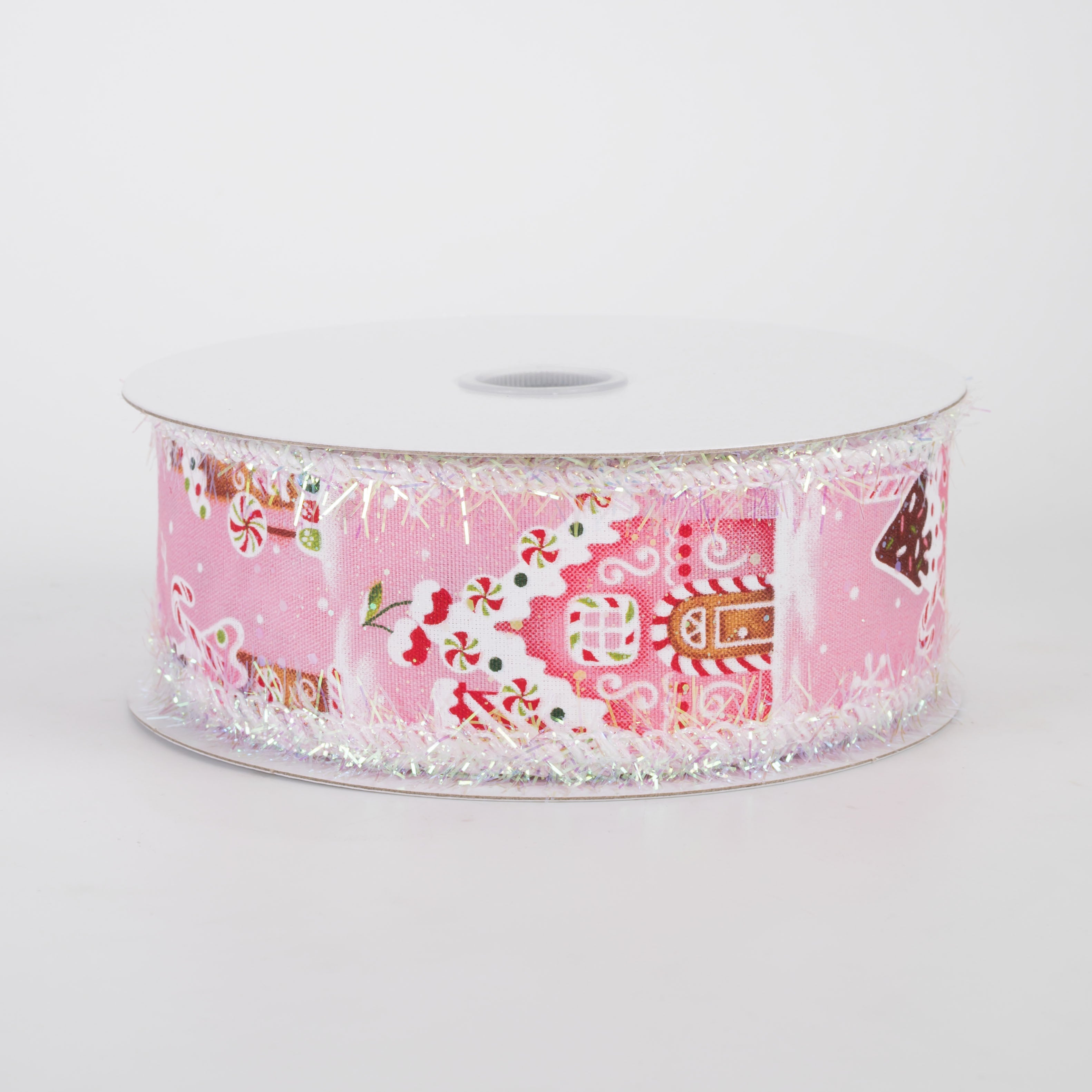 1.5" Tinsel Edge Gingerbread Sweet Shop Ribbon: Pink (10 Yards)