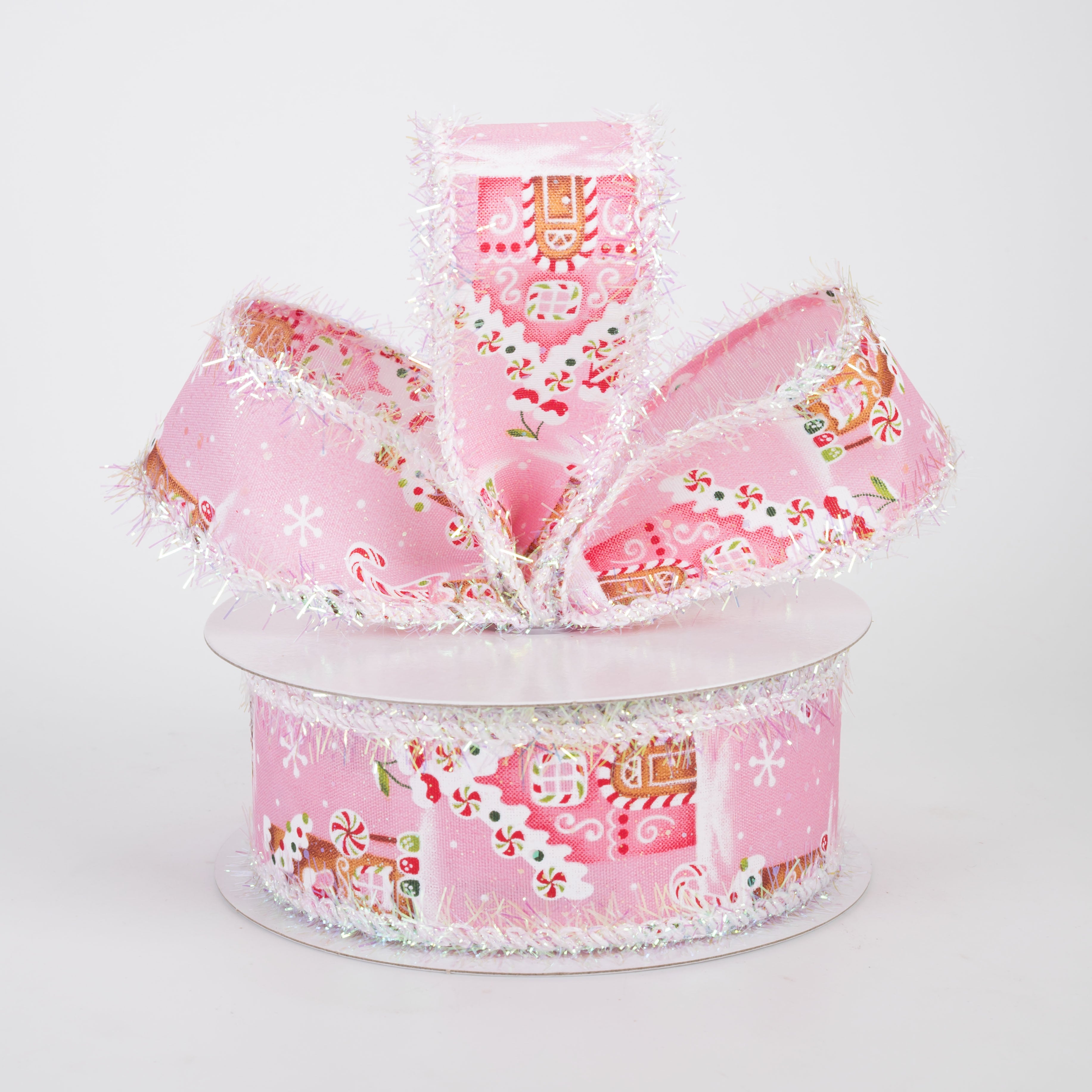 1.5" Tinsel Edge Gingerbread Sweet Shop Ribbon: Pink (10 Yards)