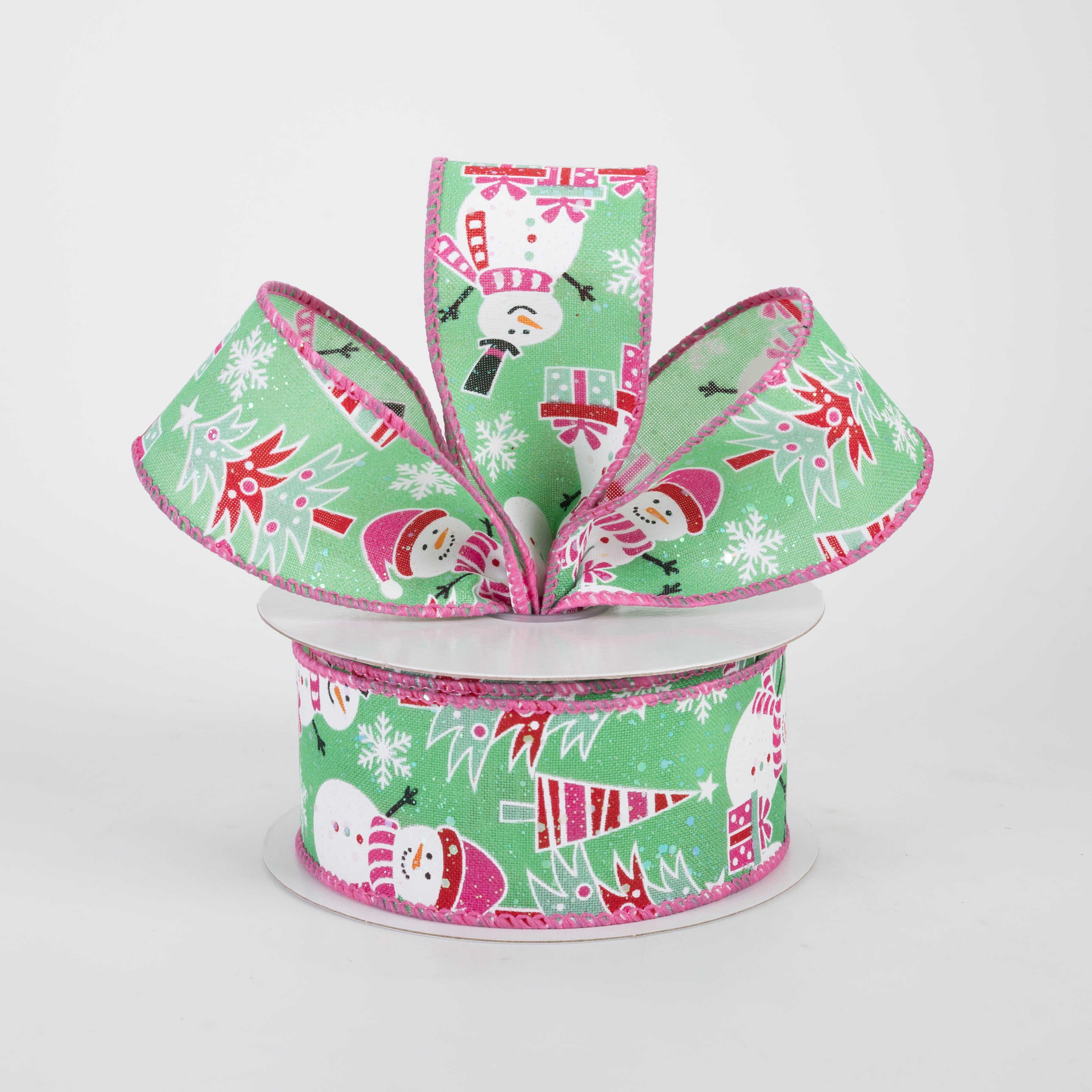 1.5" Frolicking Snowmen Satin Ribbon: Mint Green & Pink (10 Yards)