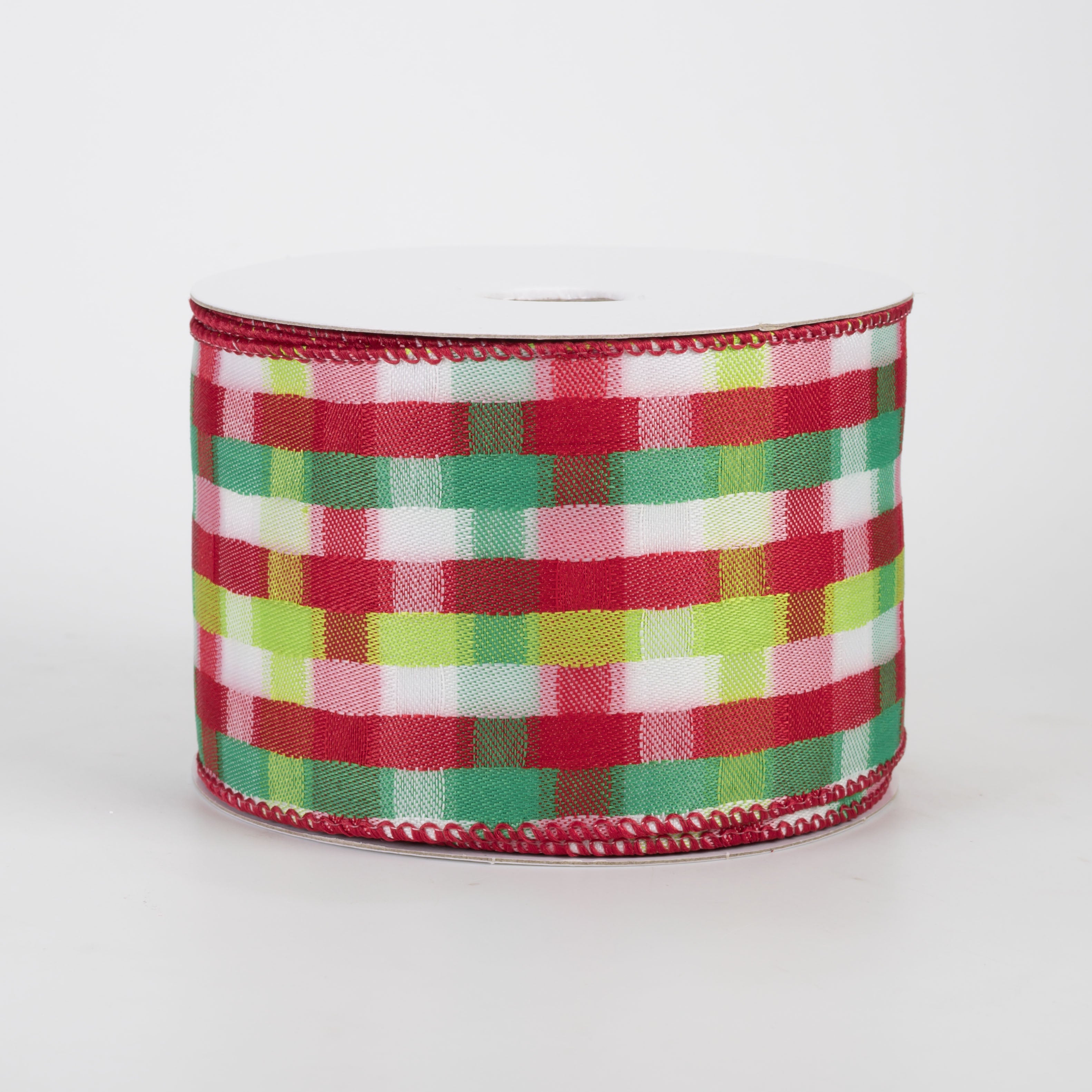 2.5" Mosaic Plaid Ribbon: Red, Lime, Emerald & White (10 Yards)