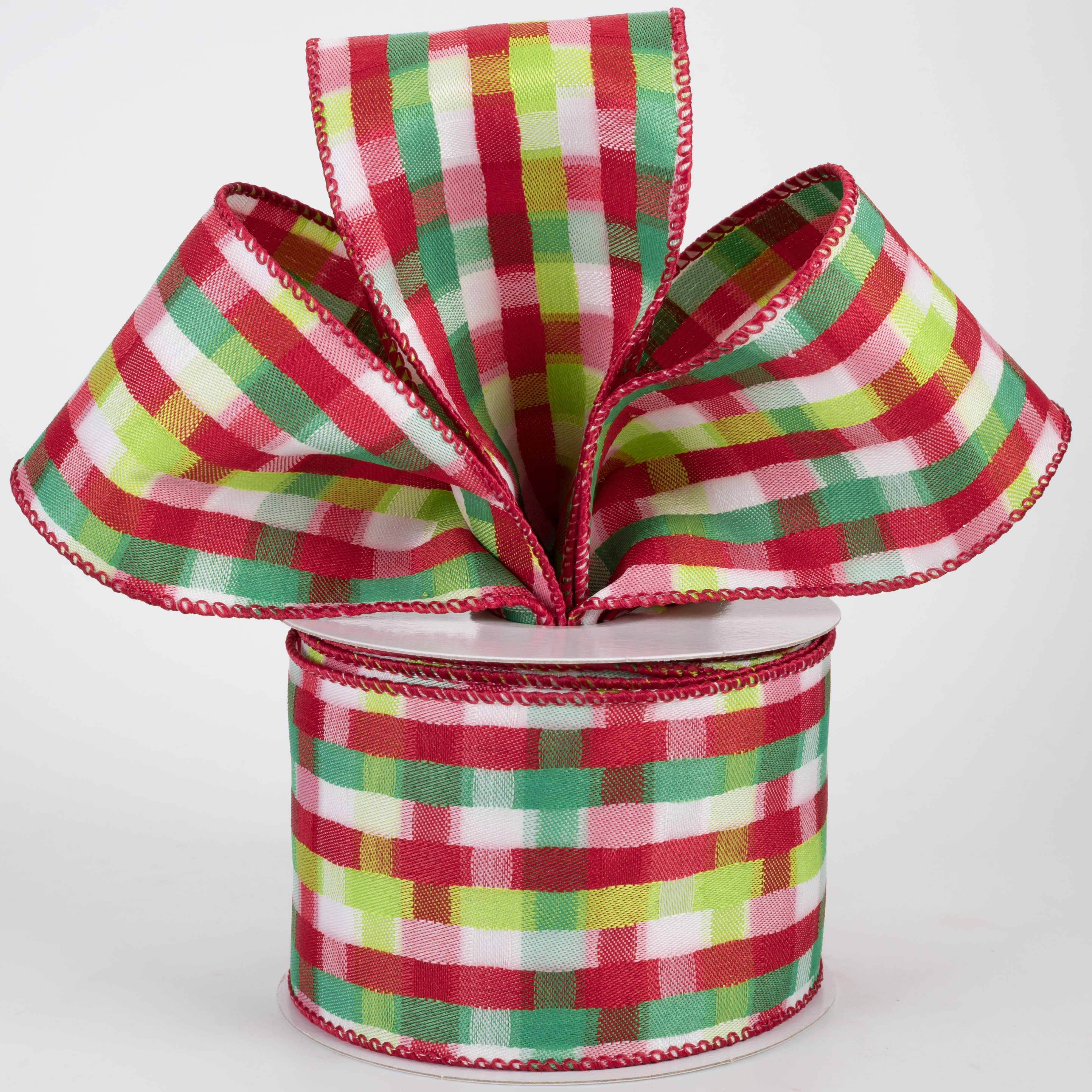 2.5" Mosaic Plaid Ribbon: Red, Lime, Emerald & White (10 Yards)