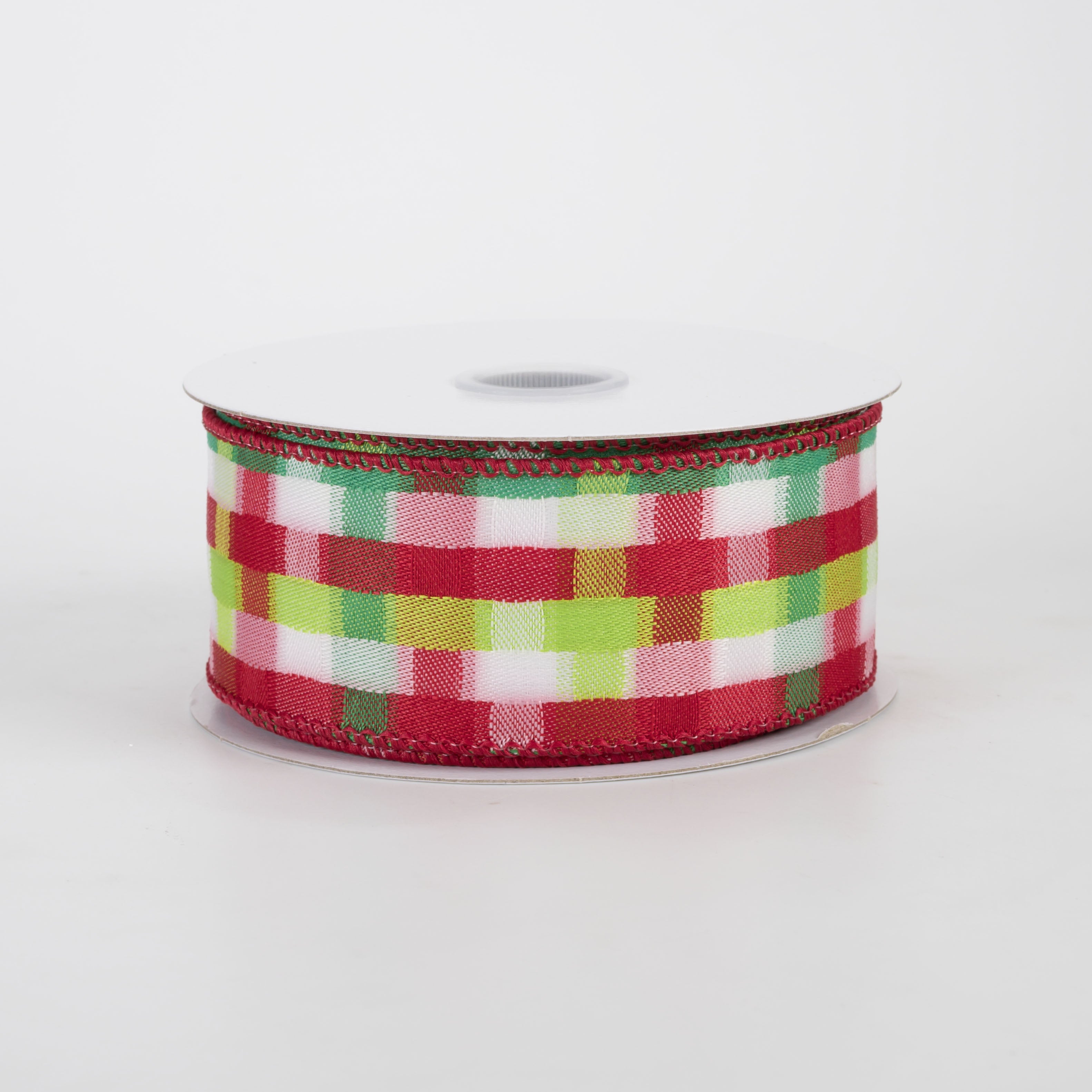 1.5" Mosaic Plaid Ribbon: Red, Lime, Emerald & White (10 Yards)