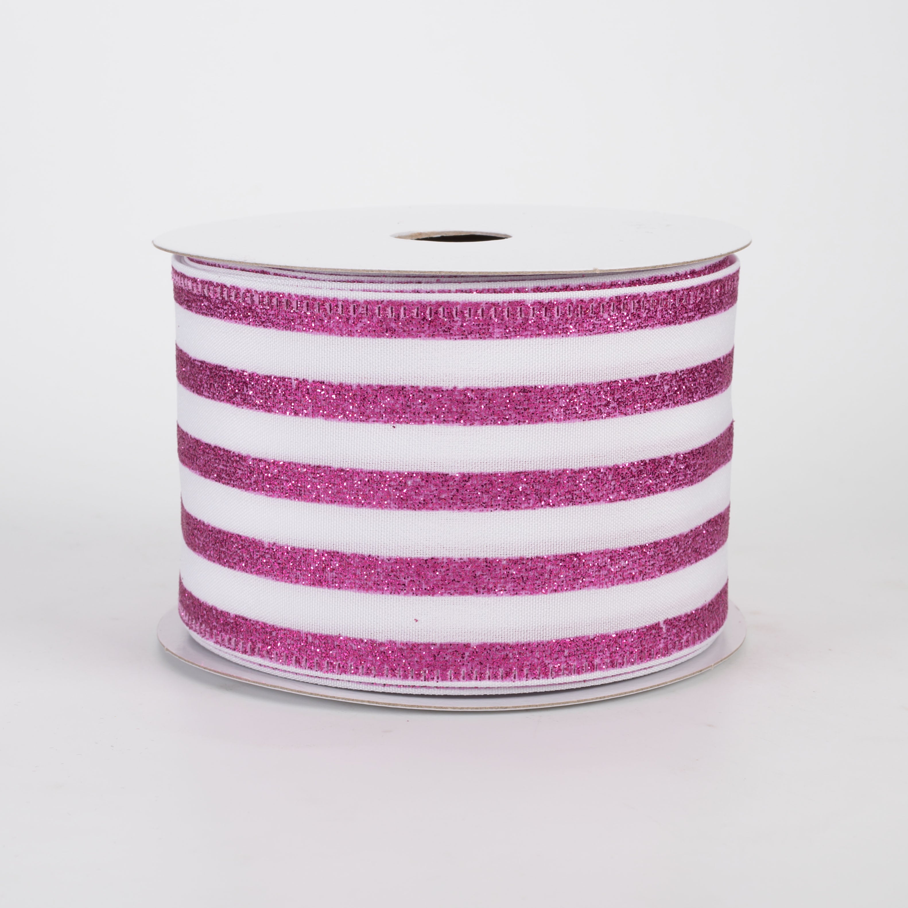 2.5" Glitter Cabana Stripe Ribbon: Fuchsia Pink on White (10 Yards)