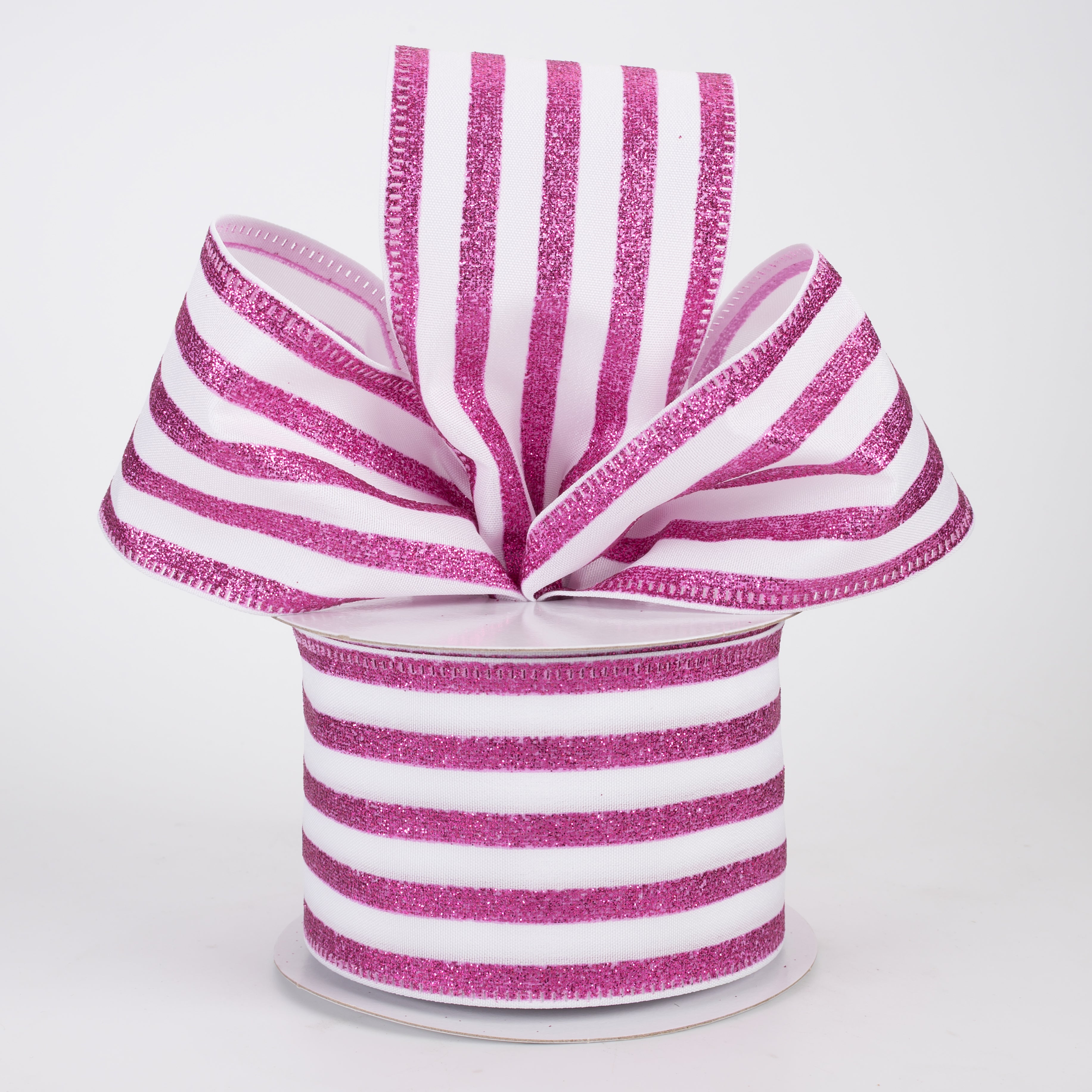 2.5" Glitter Cabana Stripe Ribbon: Fuchsia Pink on White (10 Yards)