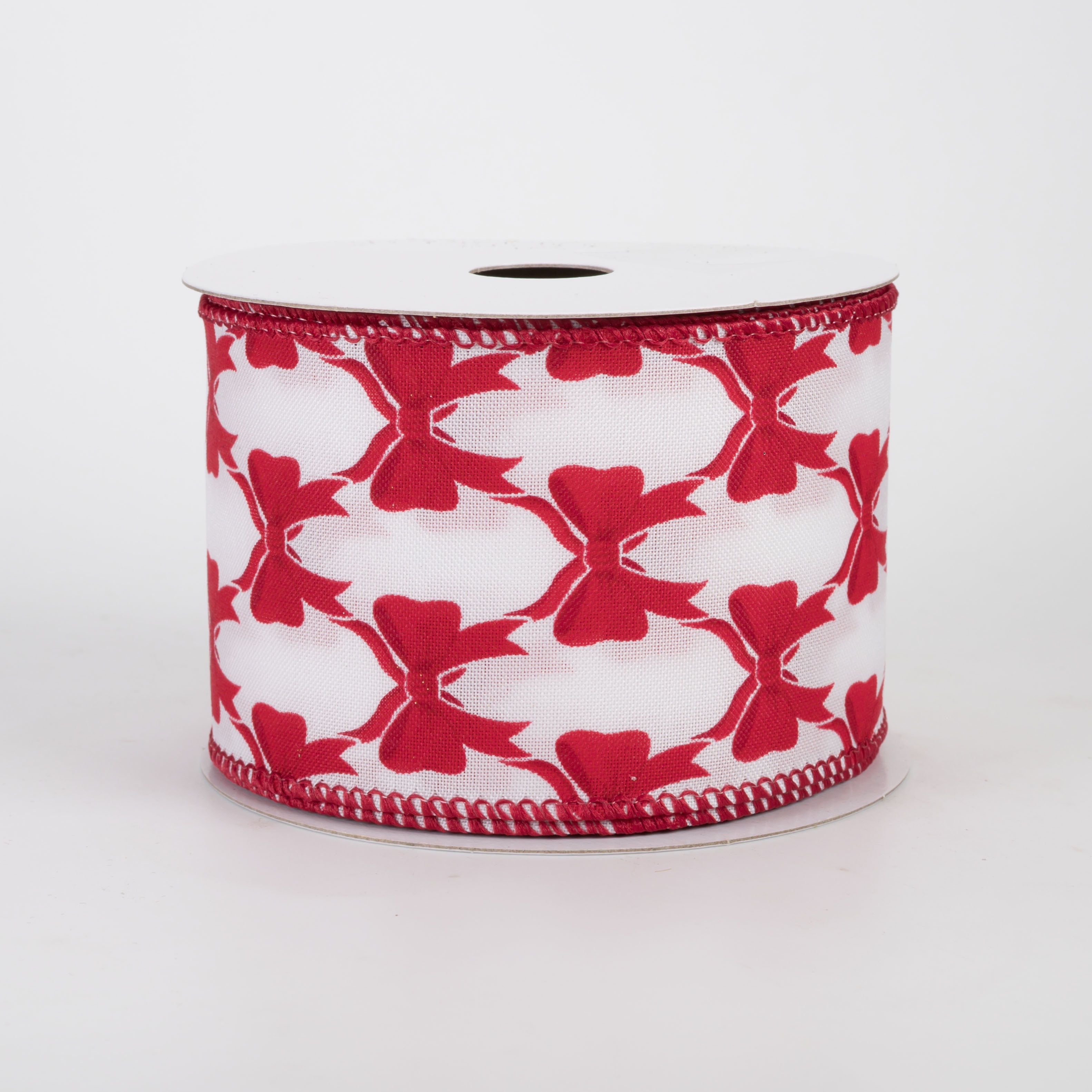 2.5" Patterned Bows Satin Ribbon: Red on White (10 Yards)