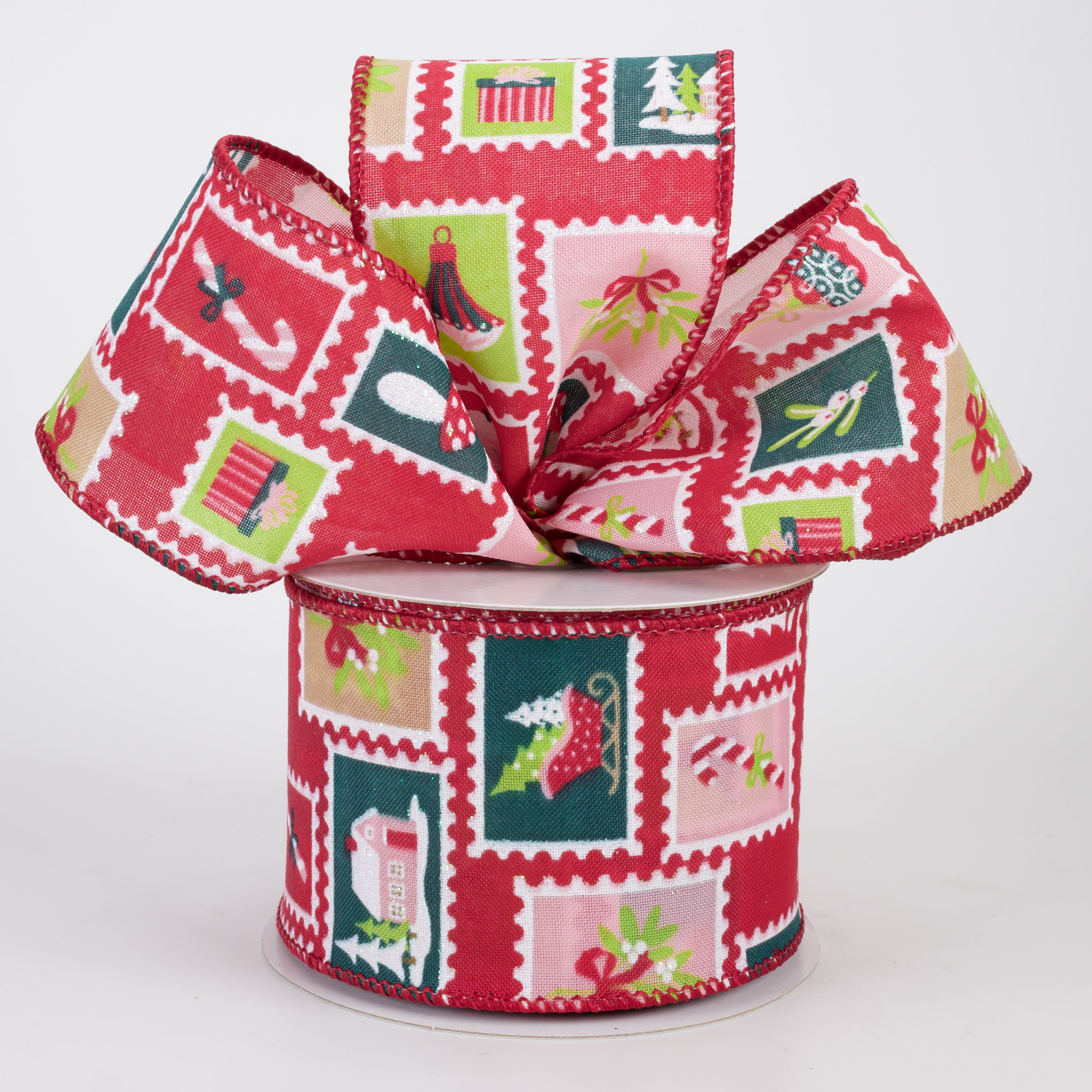 2.5" Satin Christmas Postage Stamps Ribbon: Red (10 Yards)