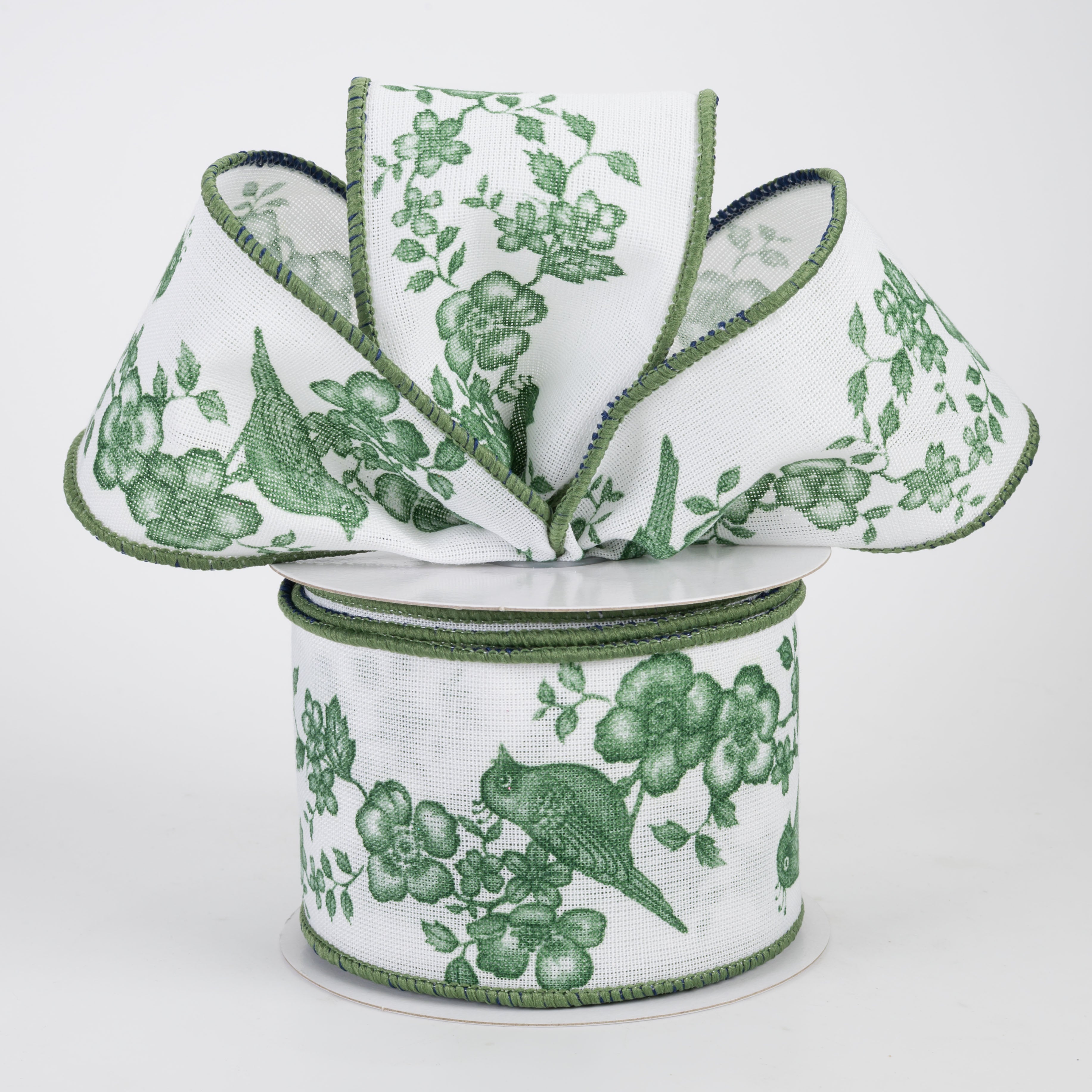 2.5" Linen Chinoiserie Bird Garland Ribbon: Sage Green on White (10 Yards)
