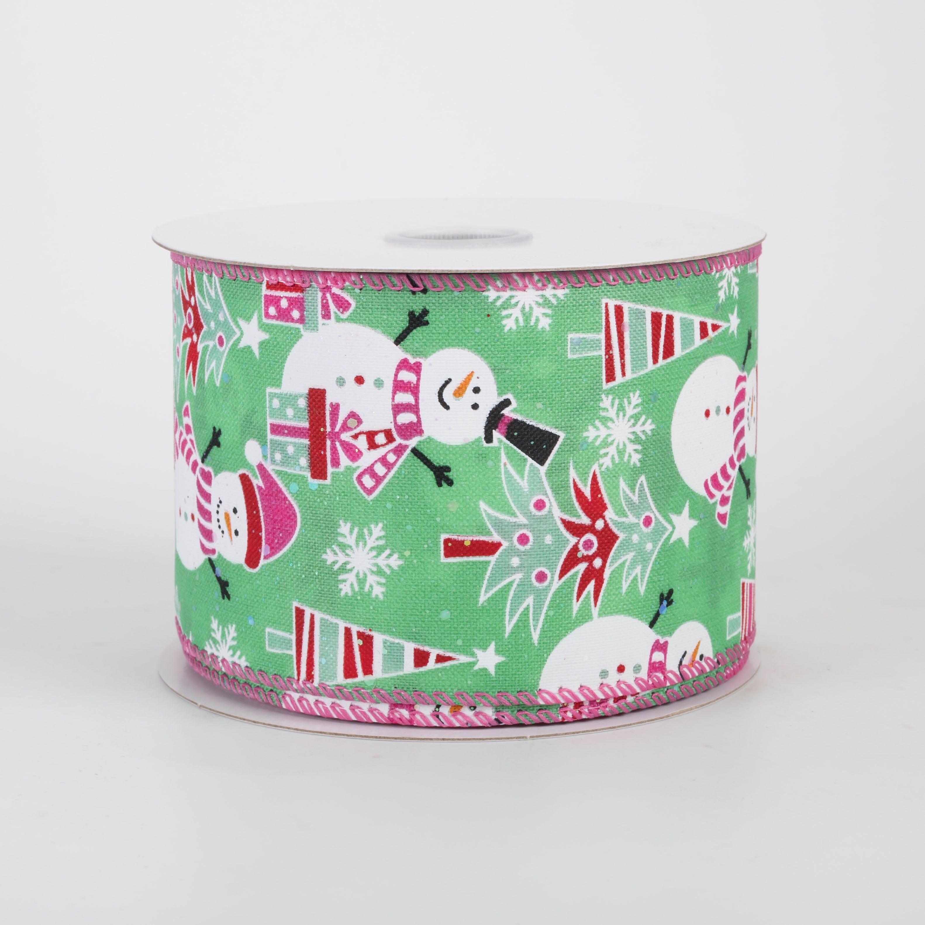 2.5" Frolicking Snowmen Satin Ribbon: Mint Green & Pink (10 Yards)
