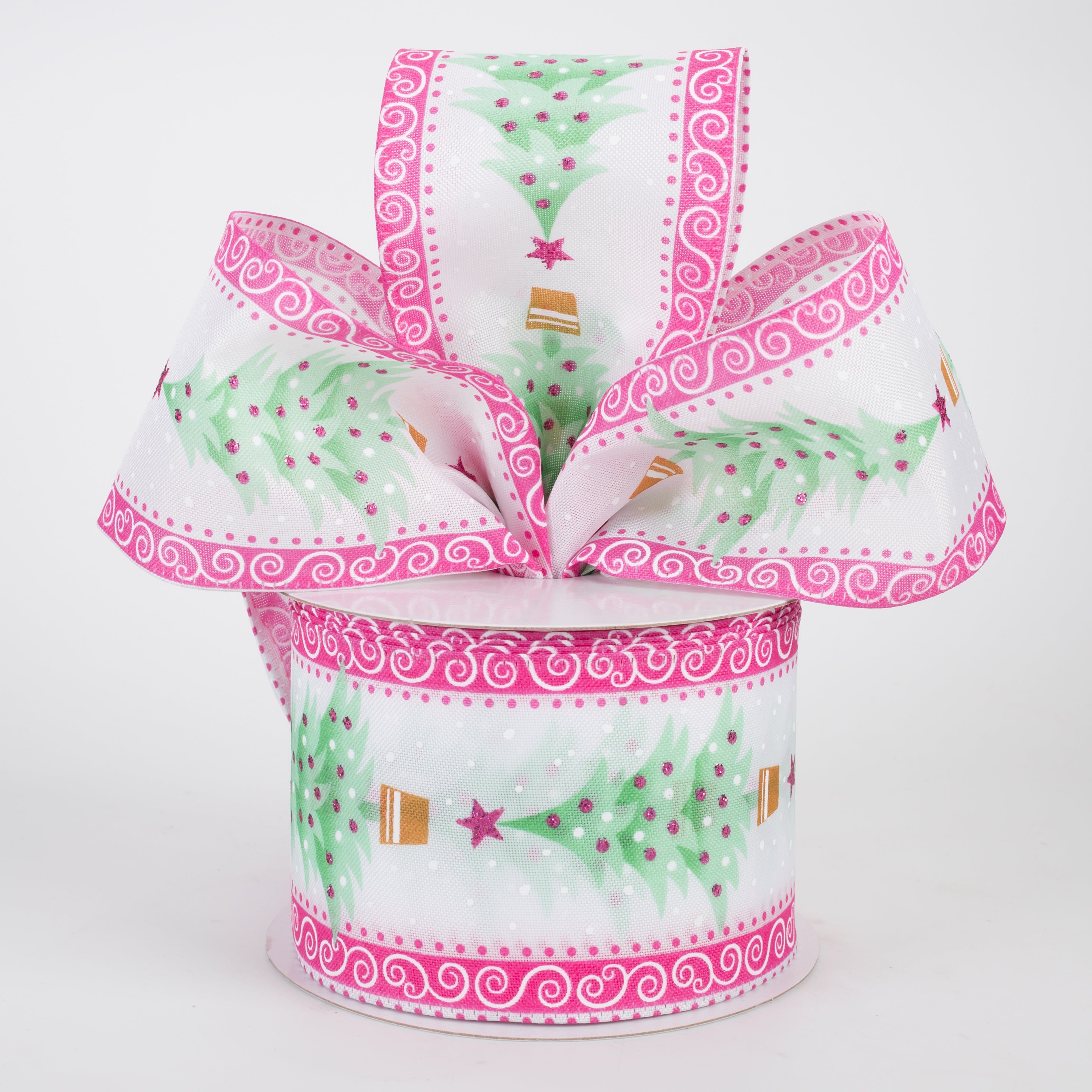 2.5" Christmas Trees & Swirl Edges Ribbon: Mint & Pink (10 Yards)
