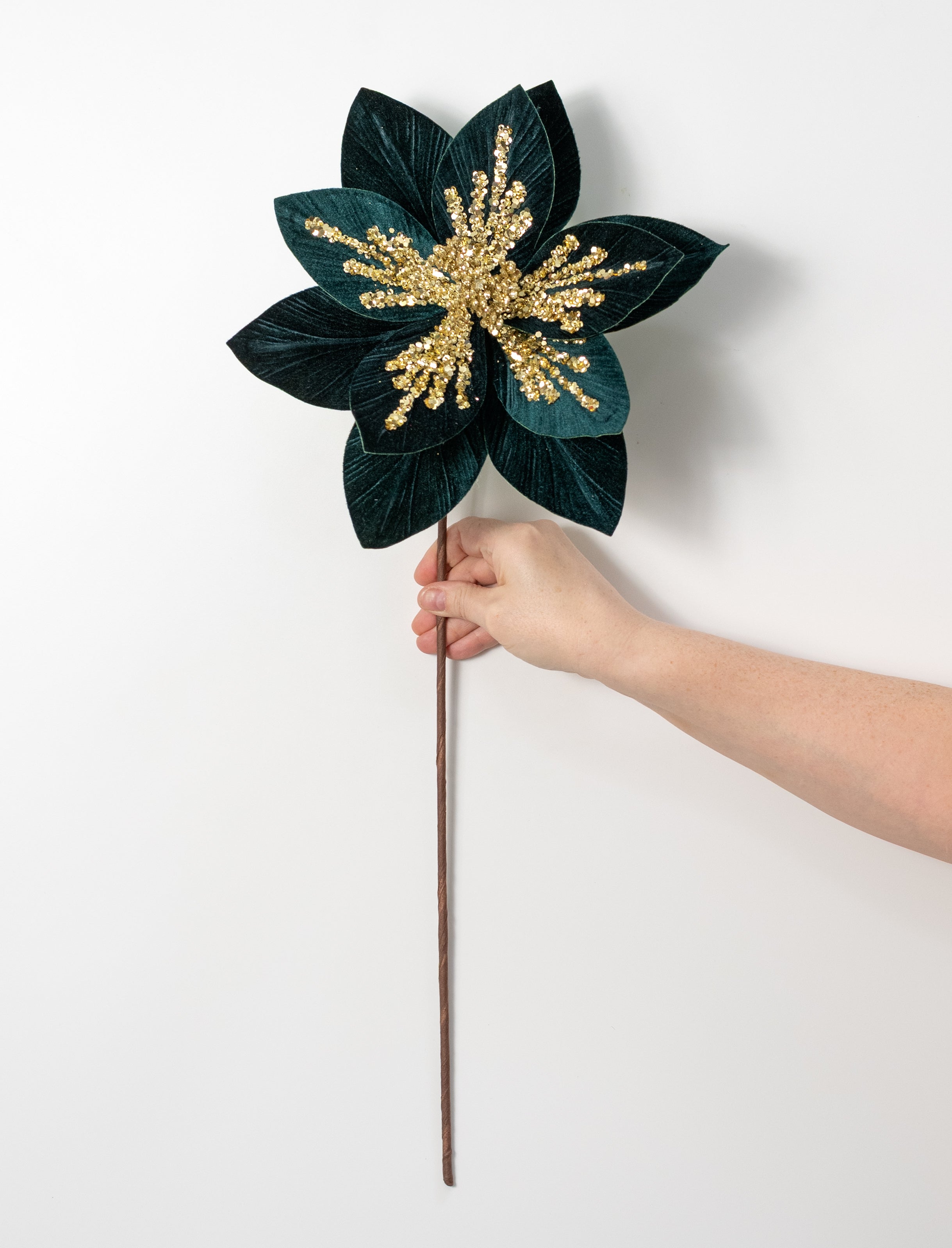 11" x 22" Sequined Velvet Poinsettia Stem: Hunter Green & Gold