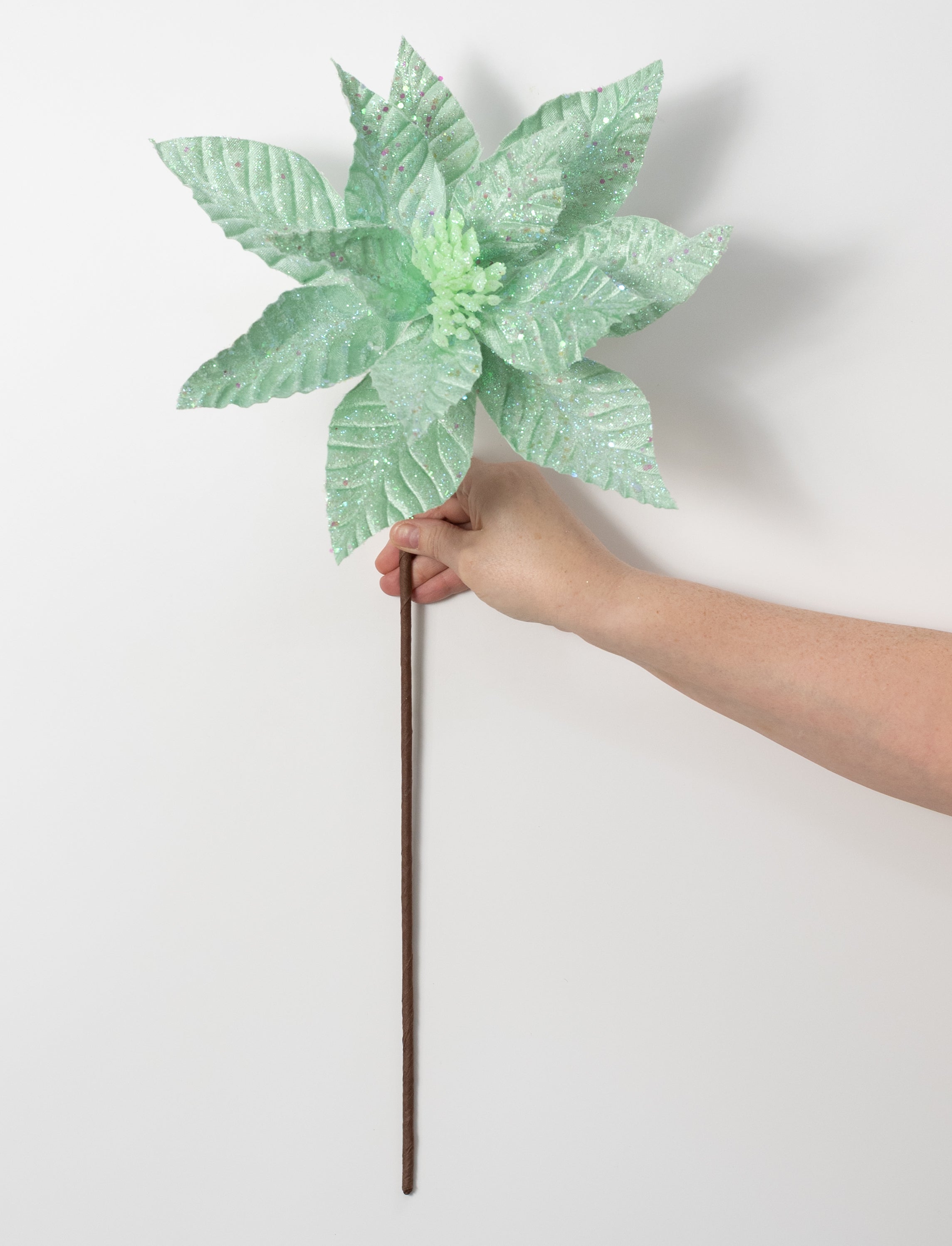 12" x 19" Glittered Poinsettia Stem: Mint Green