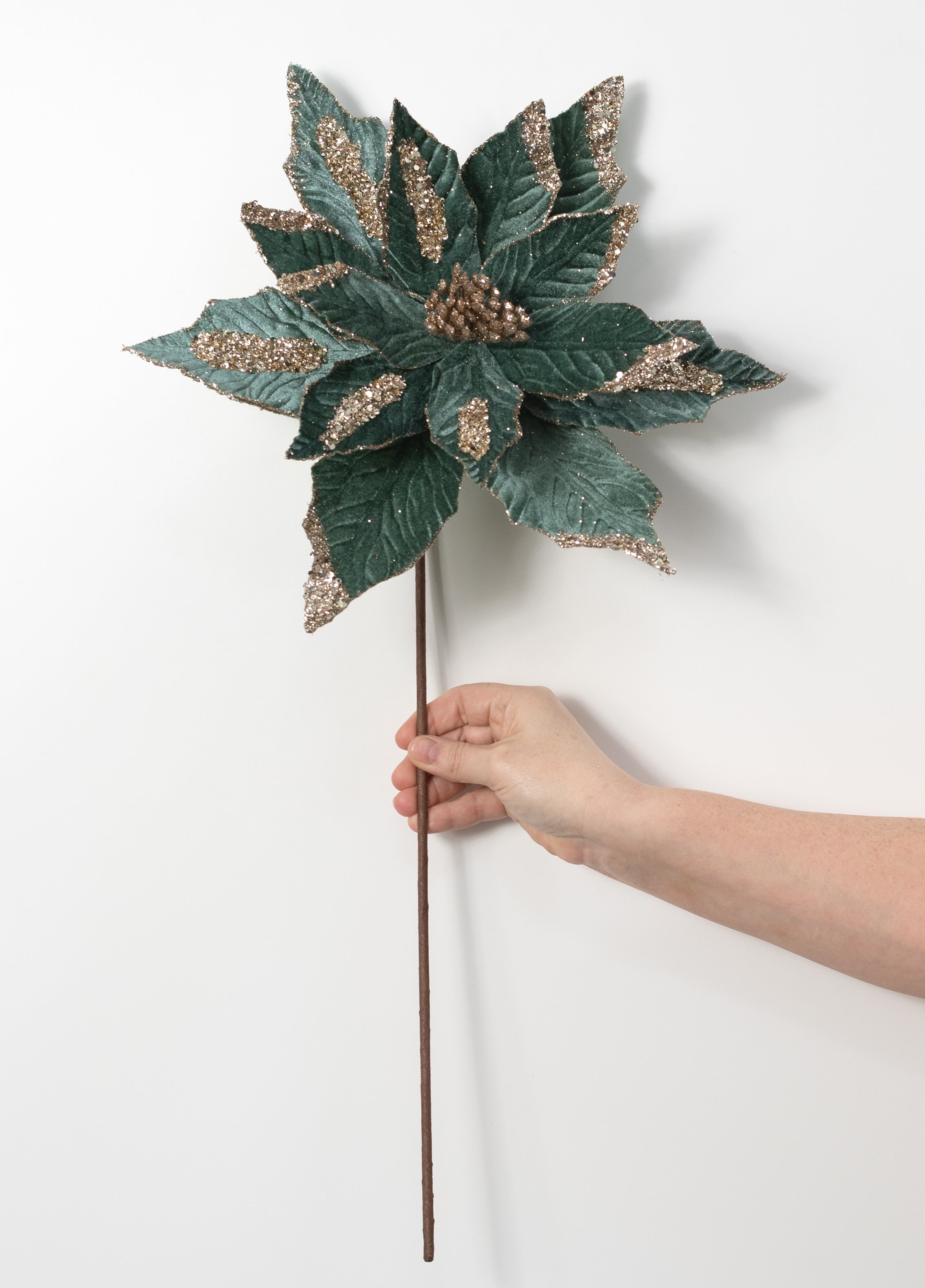 13" x 20" Sequined Velvet Poinsettia Stem: Dusty Teal & Champagne