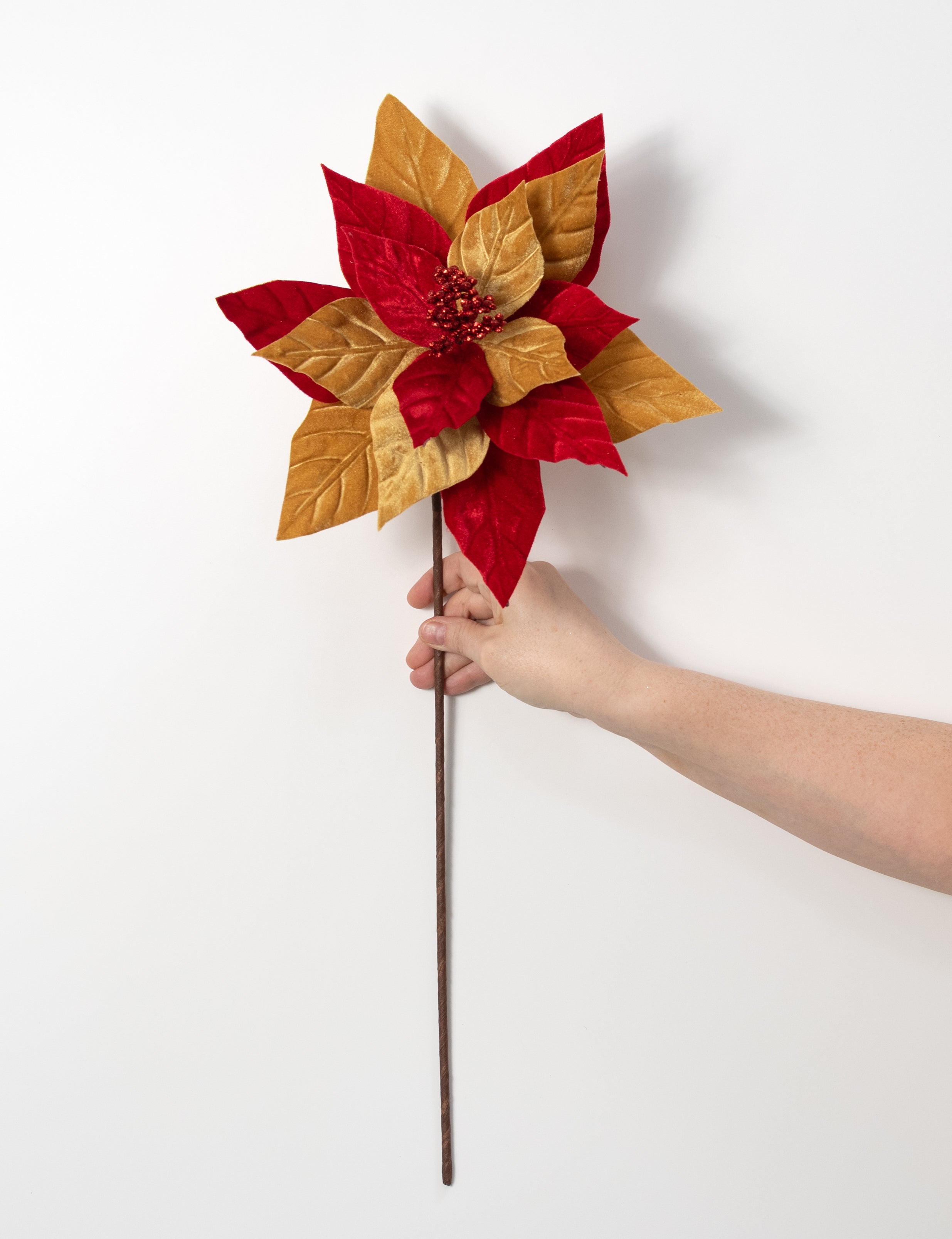 11" x 22" Velvet Peppermint Poinsettia Stem: Red & Gingerbread Gold