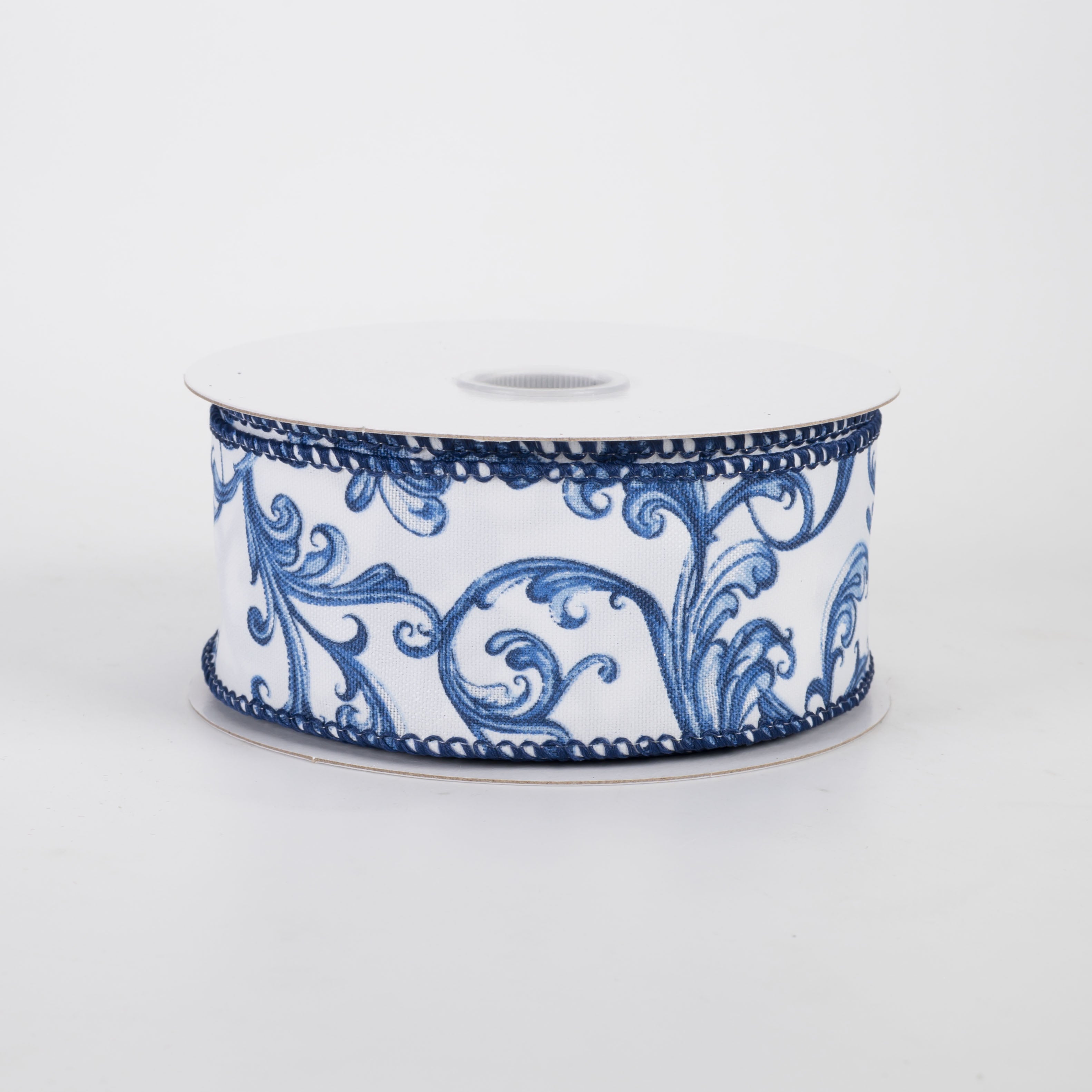 1.5" Chinoiserie Swirls on Glass Satin Ribbon: Blue & White (10 Yards)