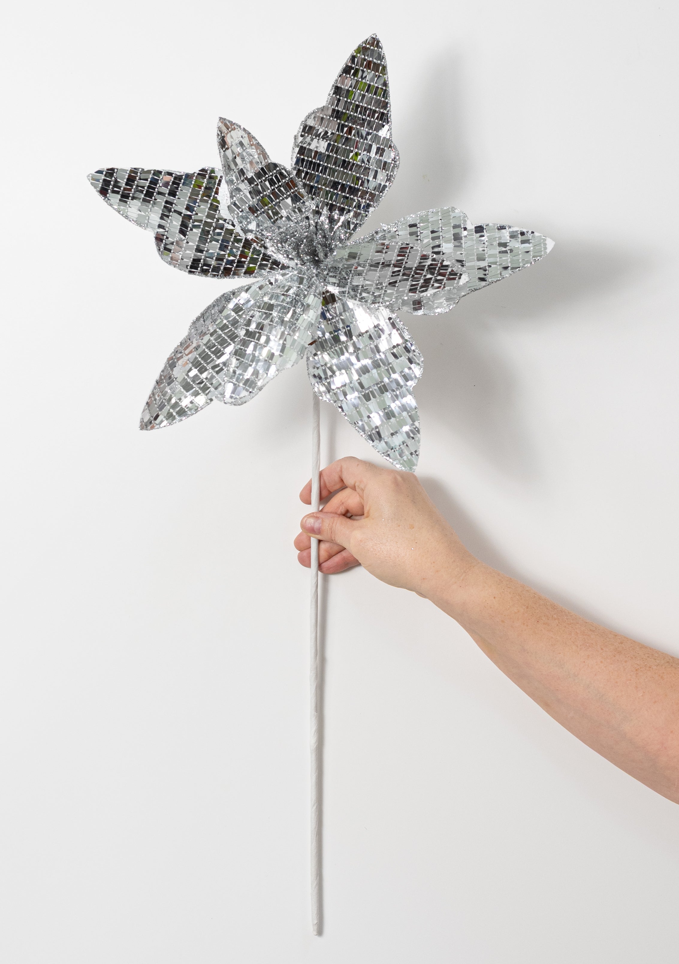 20" Sequin Fabric Poinsettia Stem: Silver