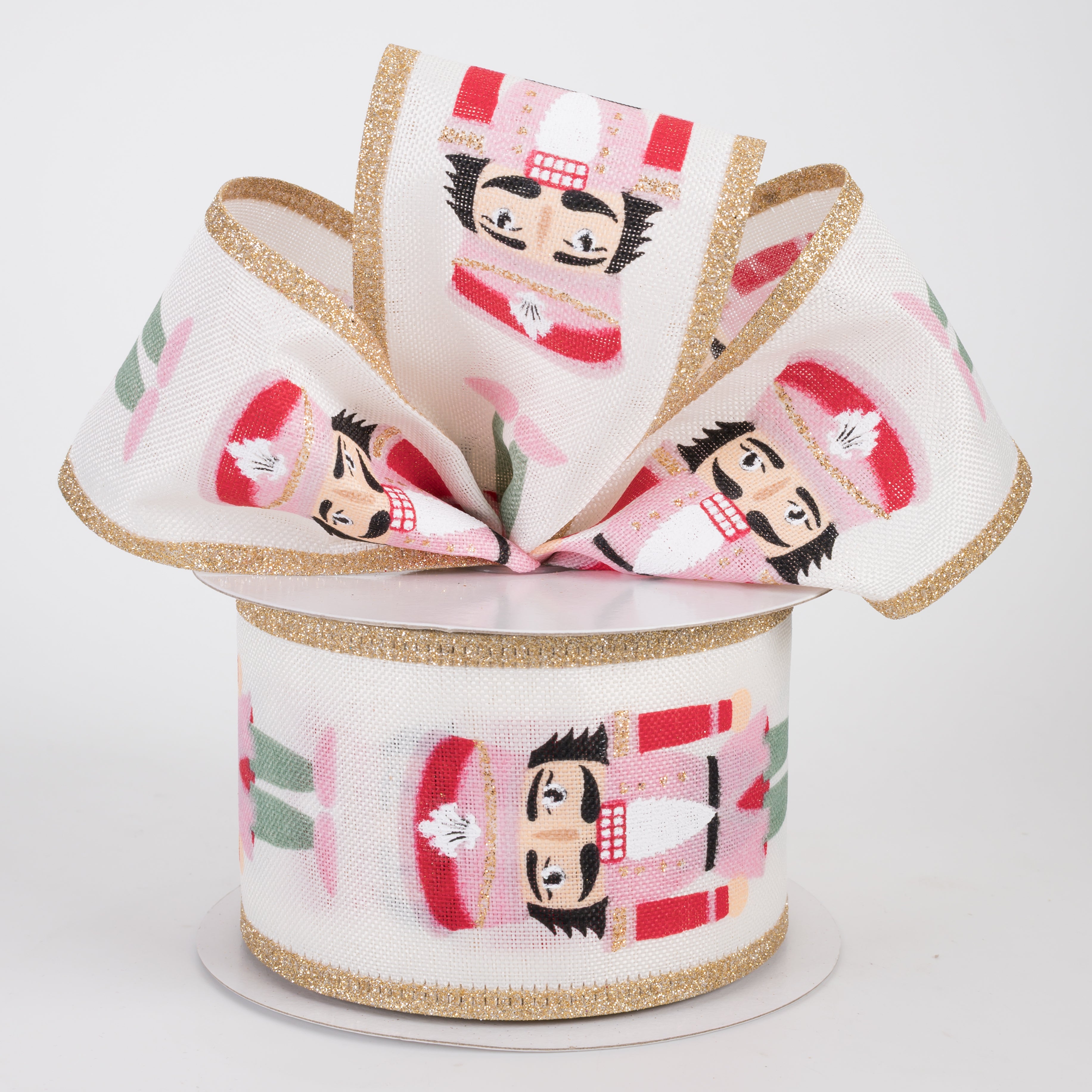 2.5" Cutesy Nutcracker Glitter Edge Ribbon: Pink & Green (10 Yards)