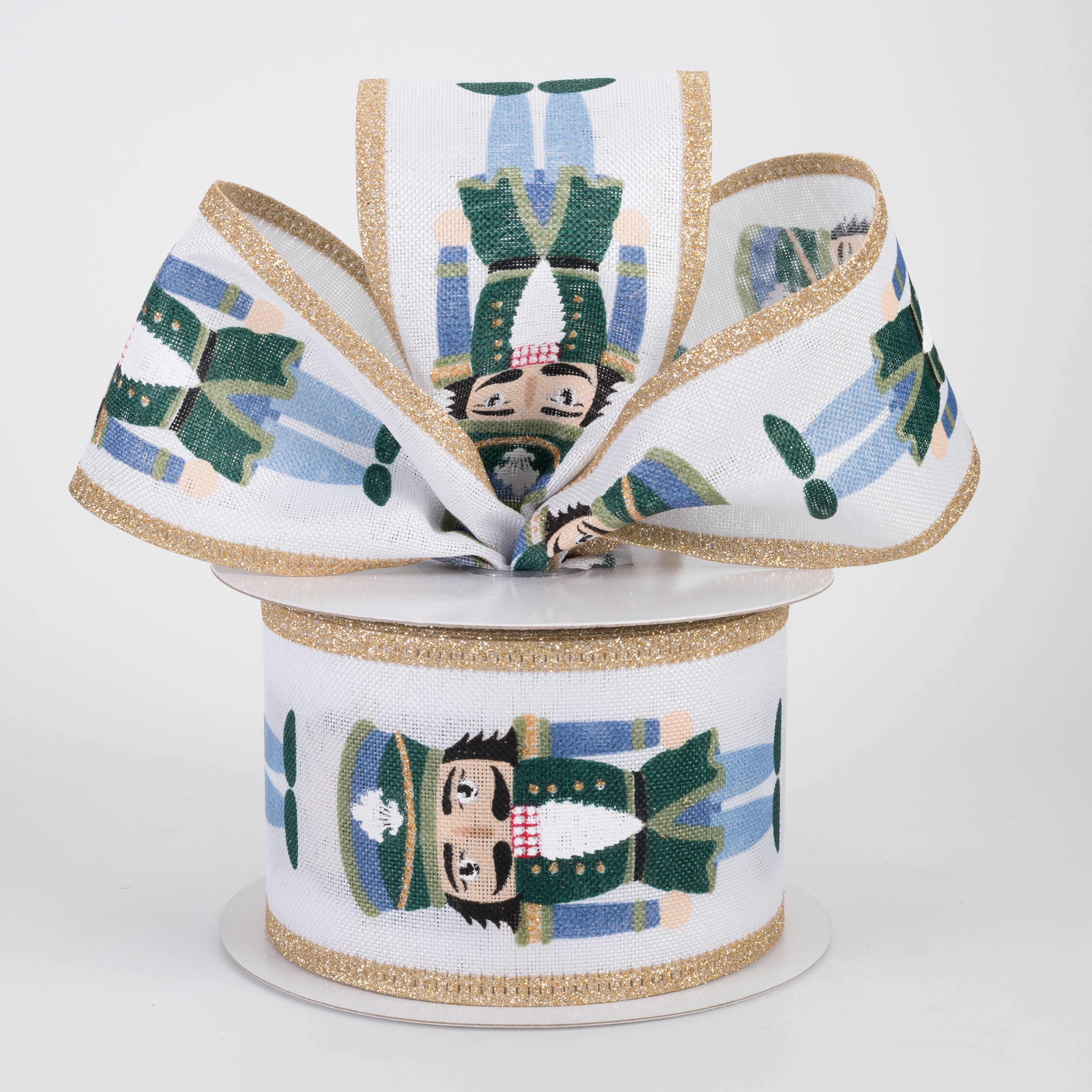 2.5" Cutesy Nutcracker Glitter Edge Ribbon: Green & Blue (10 Yards)
