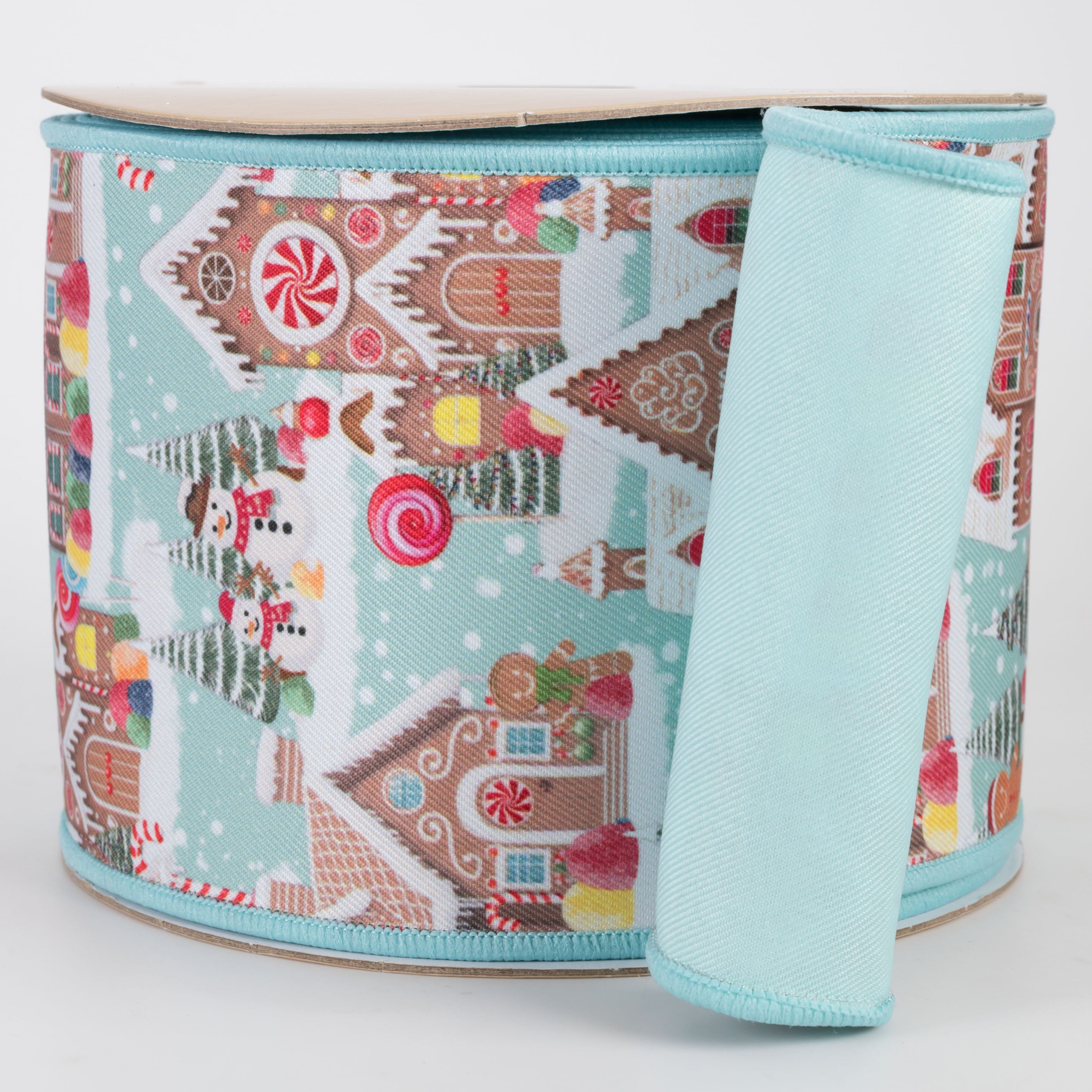 4" Double Sided Fused Gingerbread Village Ribbon: Light Blue (10 Yards)