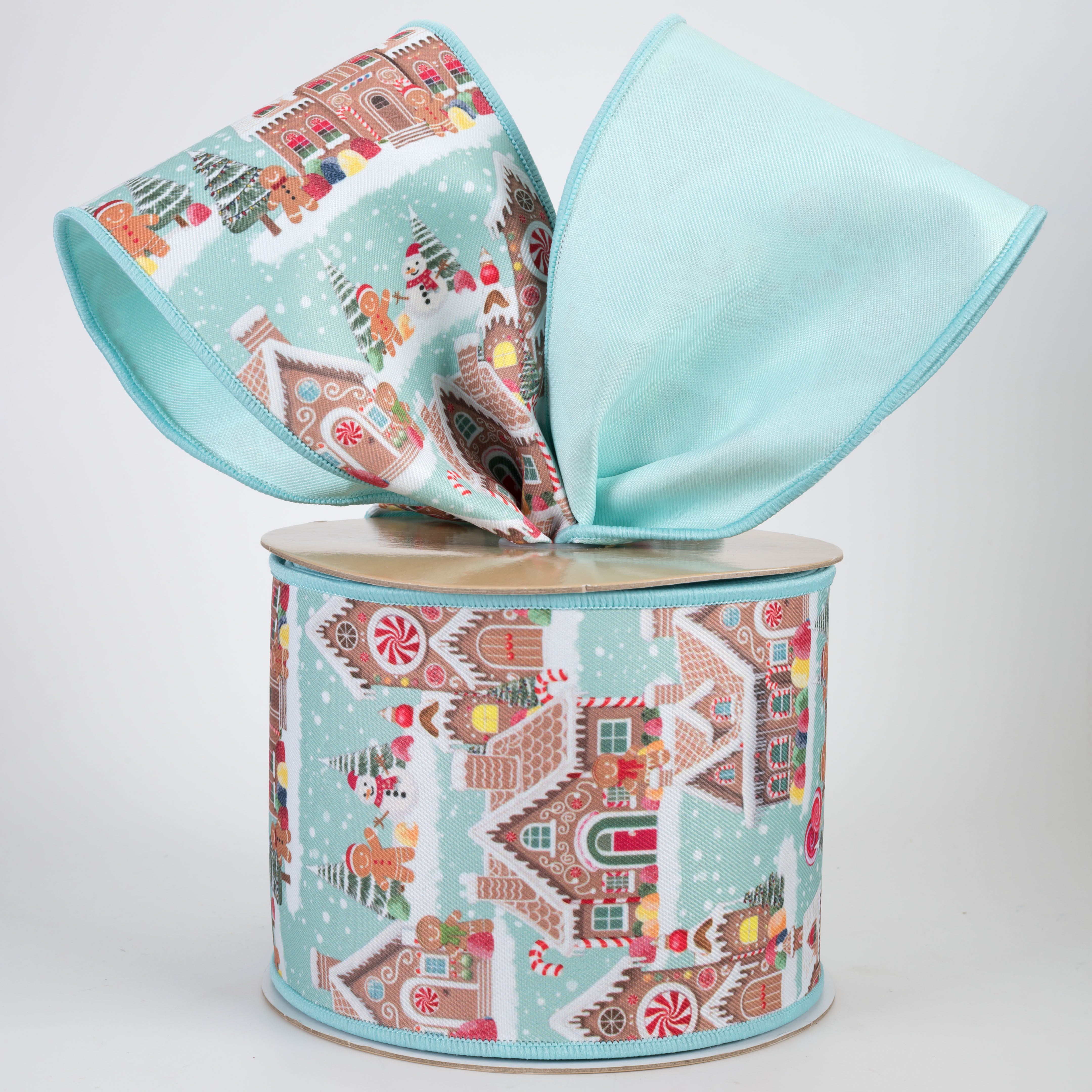 4" Double Sided Fused Gingerbread Village Ribbon: Light Blue (10 Yards)