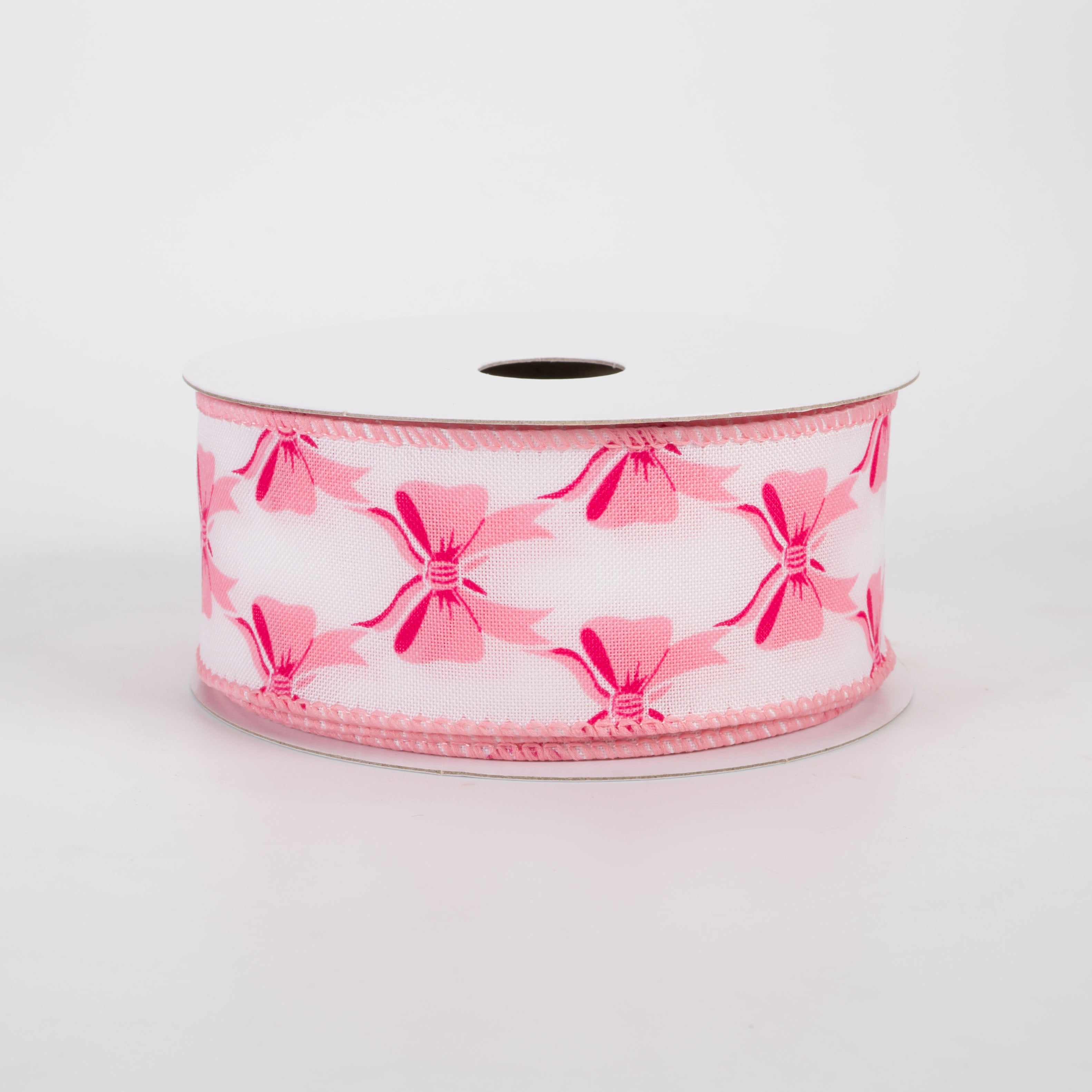 1.5" Patterned Bows Satin Ribbon: Pink on White (10 Yards)
