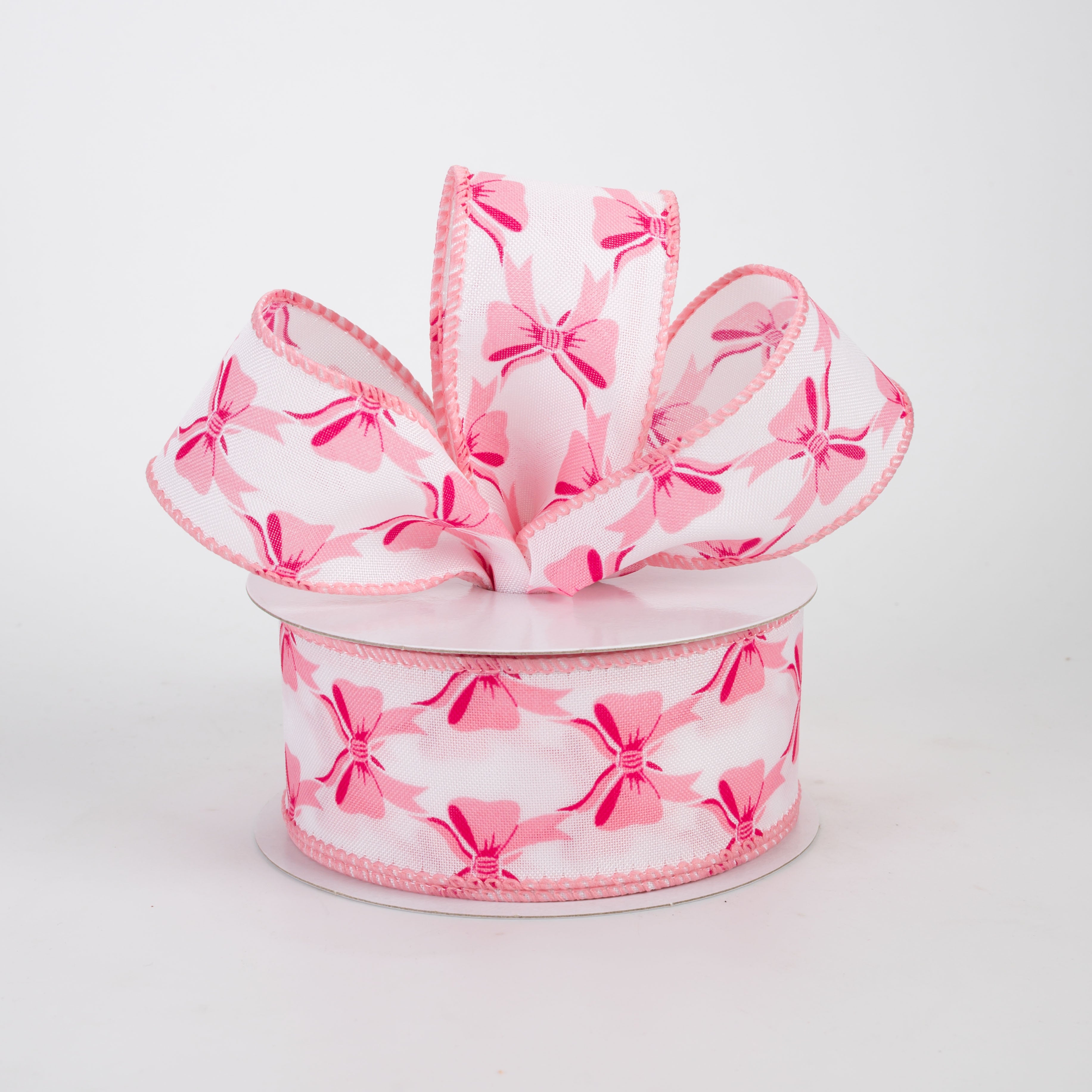 1.5" Patterned Bows Satin Ribbon: Pink on White (10 Yards)