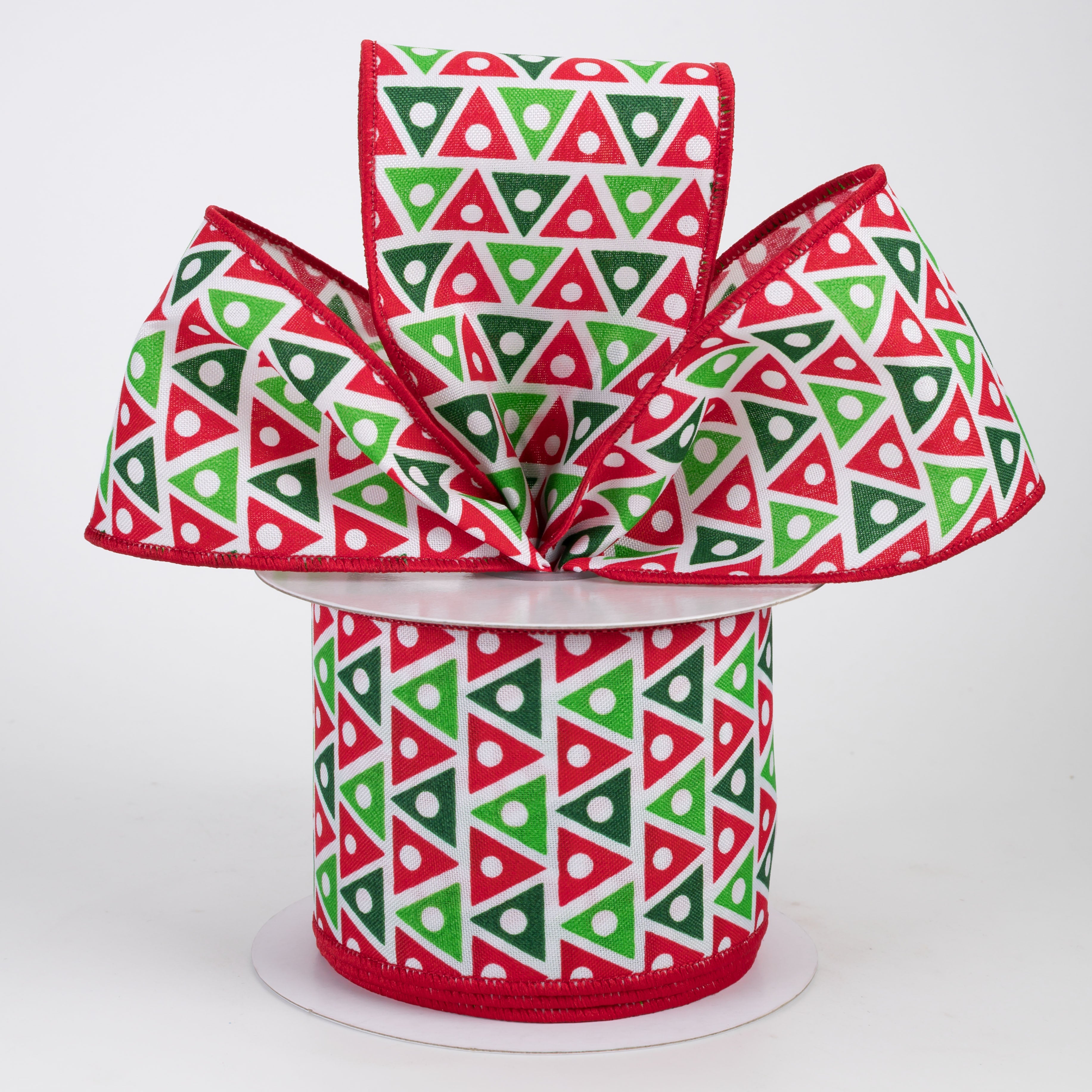 2.5" Triangle Dots Ribbon: Red, Lime & Emerald on White (10 Yards)