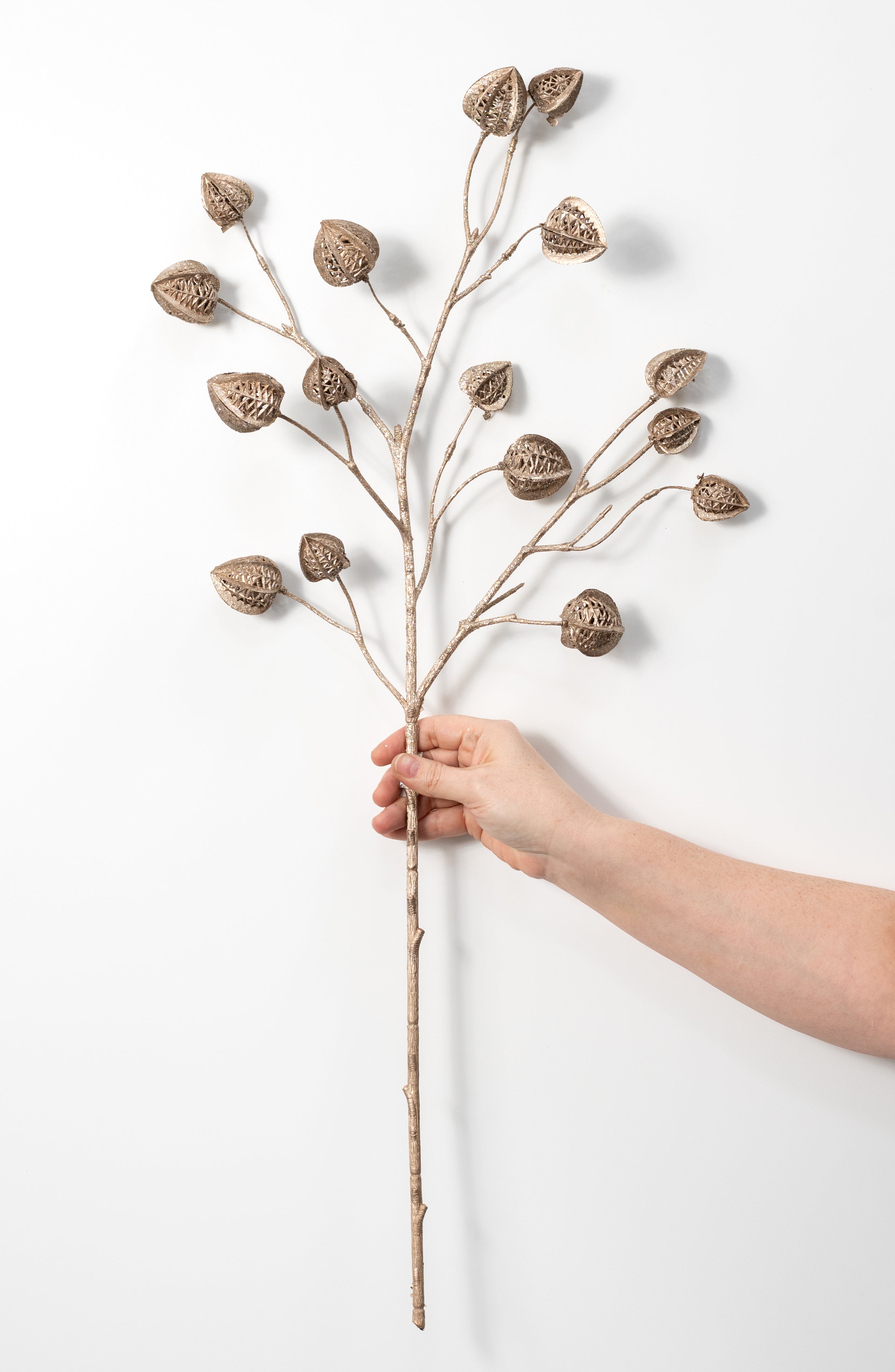30" Glittered Chinese Lantern Spray: Champagne Gold