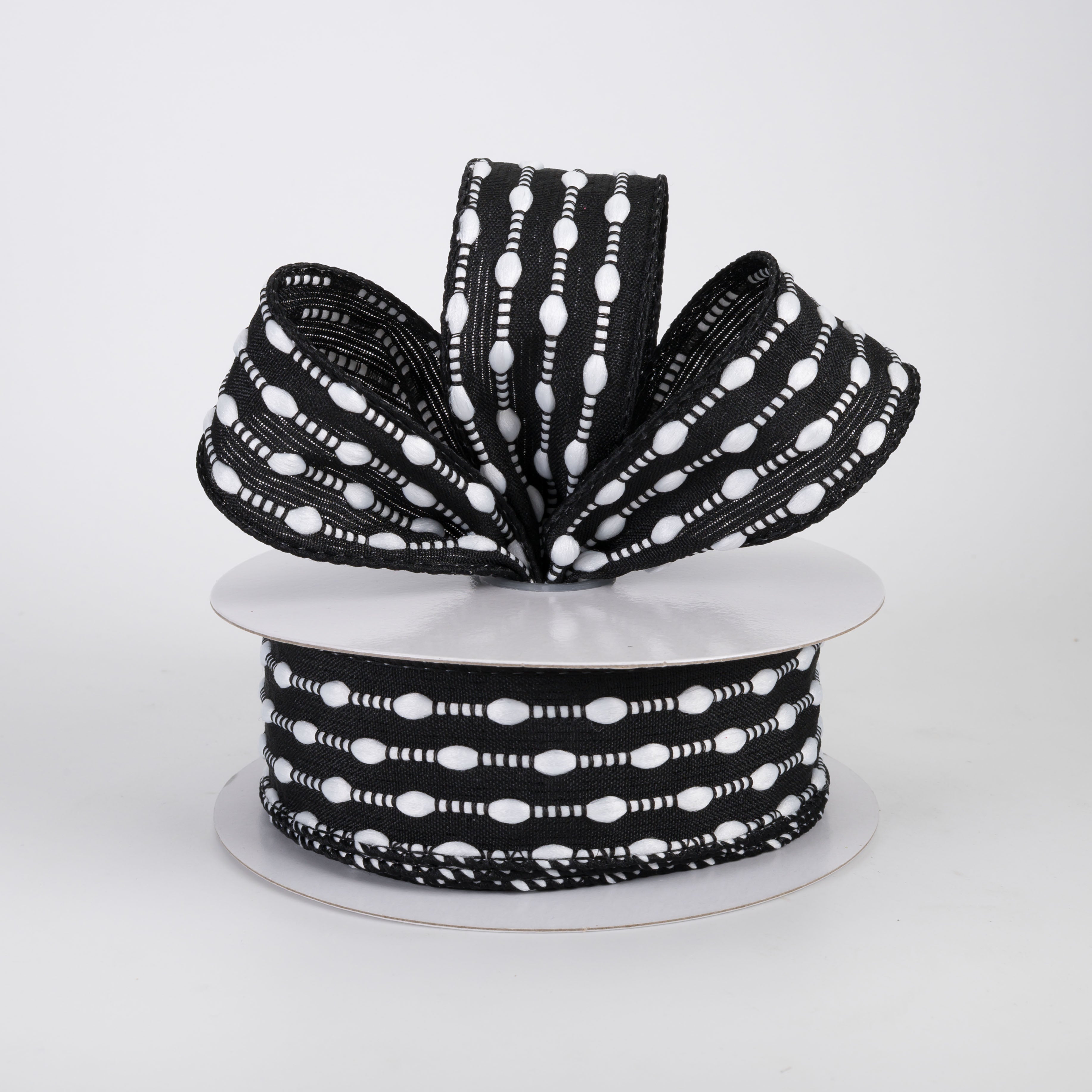 1.5" White Snowball Weave Ribbon: Black (10 Yards)