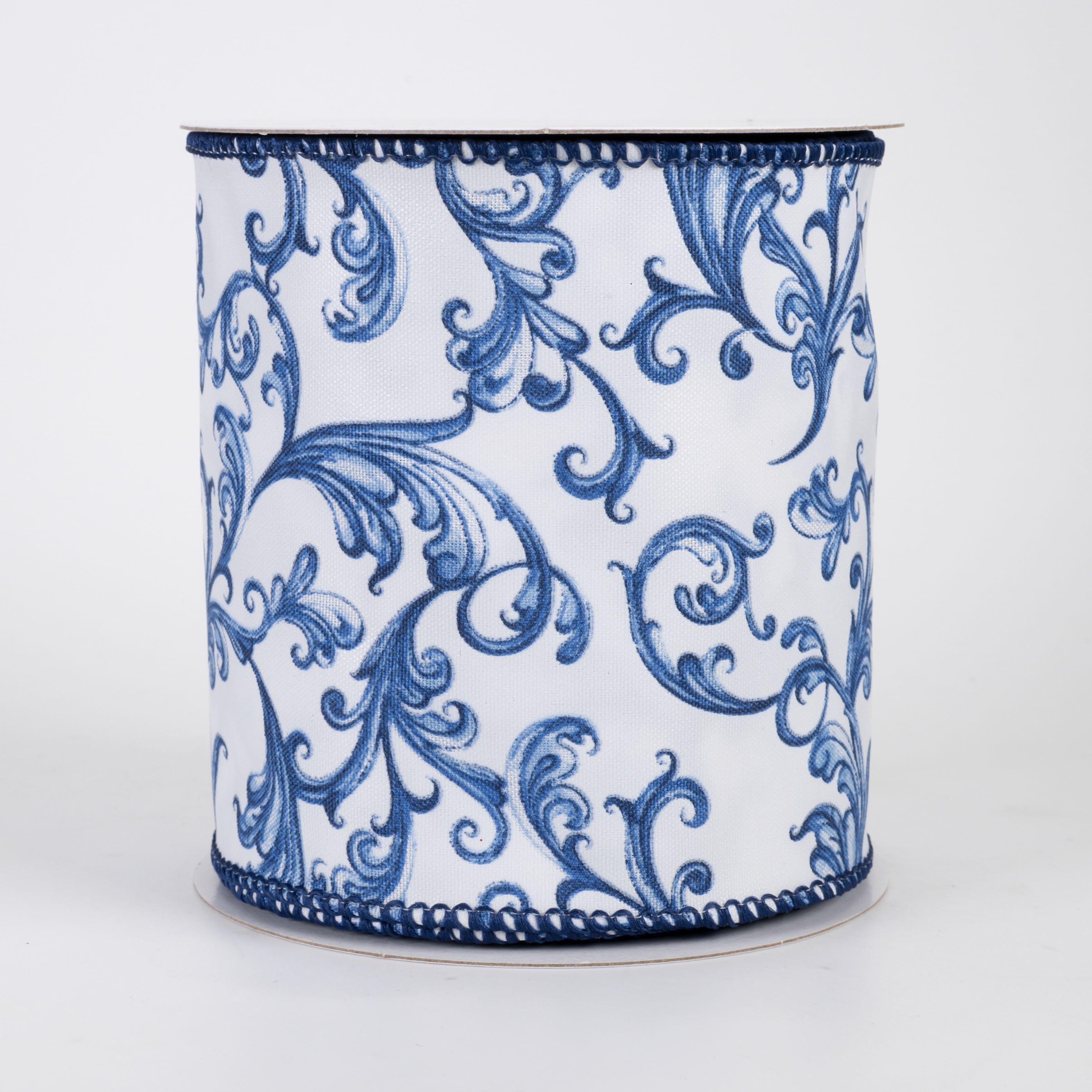 4" Chinoiserie Swirls on Glass Satin Ribbon: Blue & White (10 Yards)