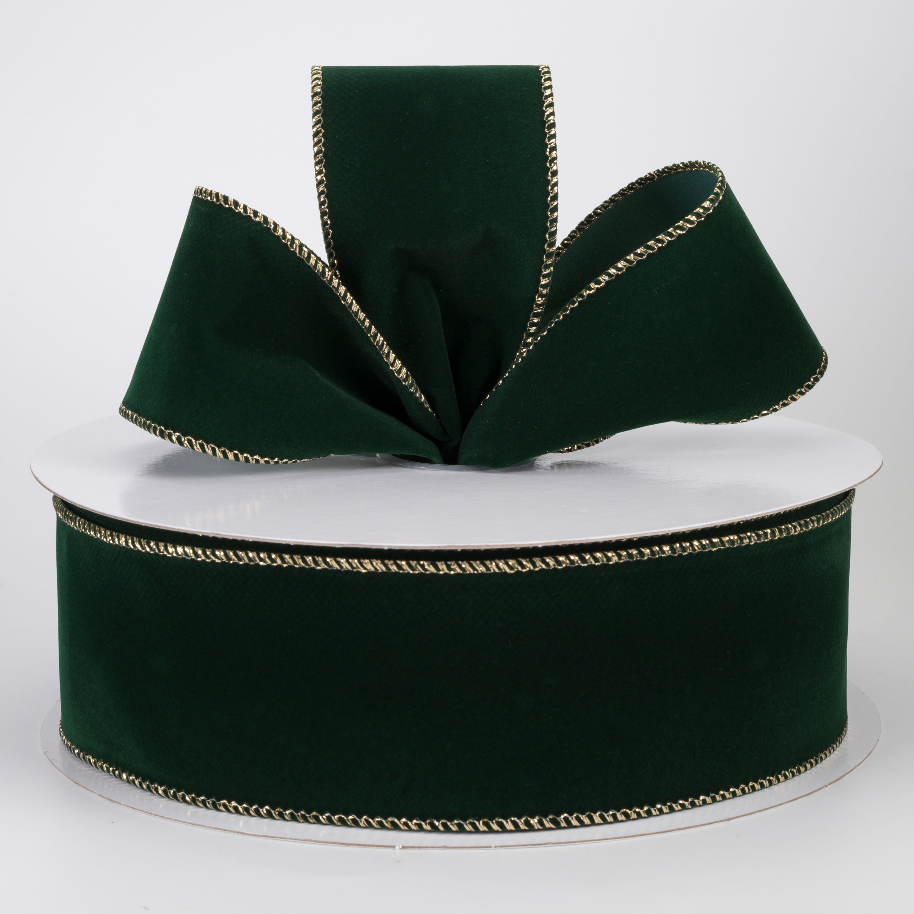 2.5" Stitched Edge Velvet Ribbon: Hunter Green with Gold (50 Yards)